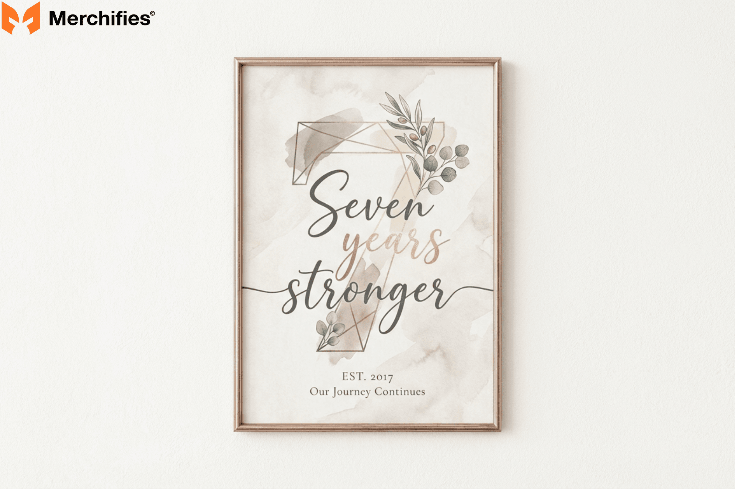 Custom 7th anniversary canvas print with "Seven years stronger" quote and copper design details