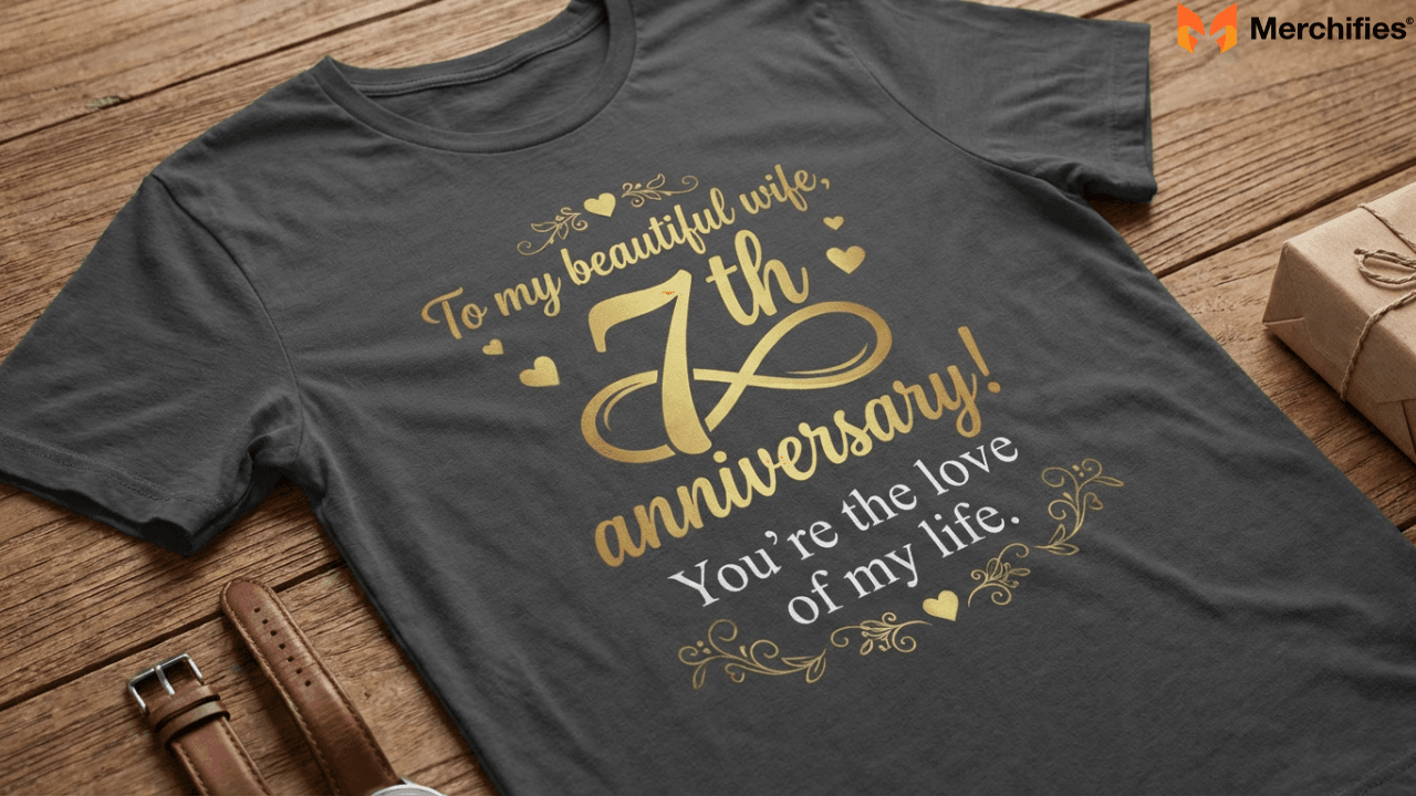 Black t-shirt with gold text "To my beautiful wife, 7th Anniversary" - Best gift for wife.
