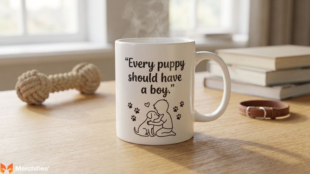 Dog lover gift mug with puppy and boy quote - ceramic coffee mug for pet parents and dog families