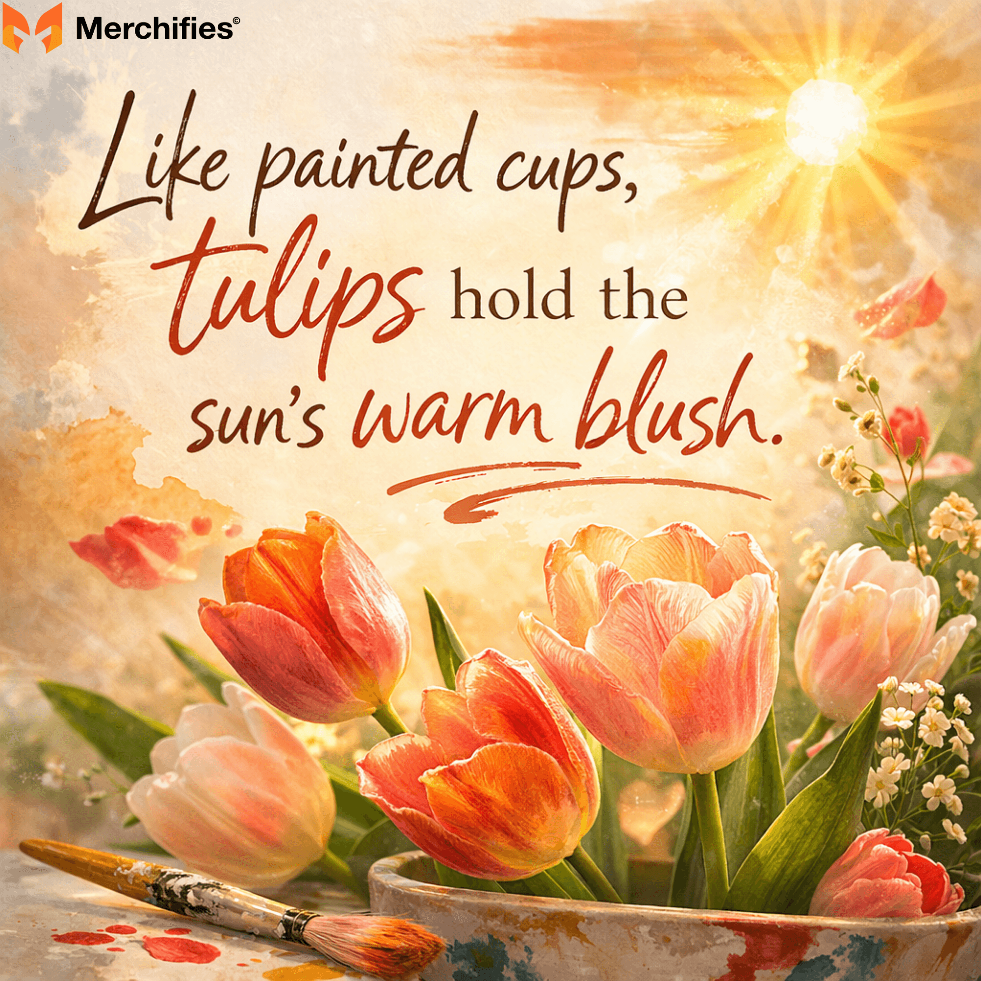 Like painted cups, tulips hold the sun's warm blush.