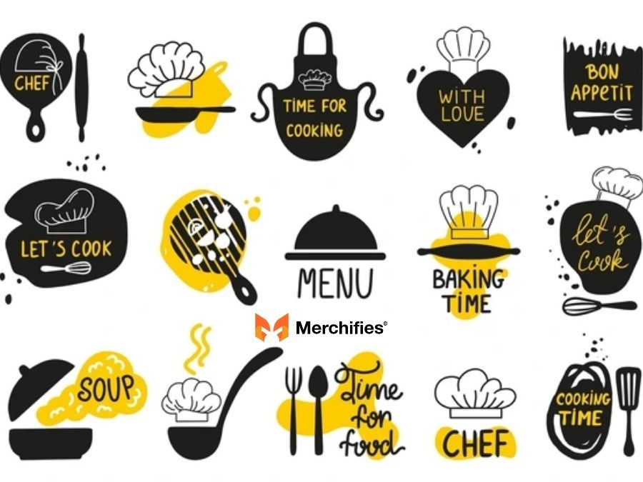 Modern font trends for kitchen and chef shirts.