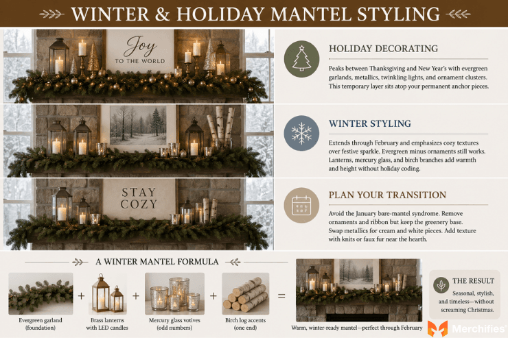 Winter and Holiday Mantel Styling