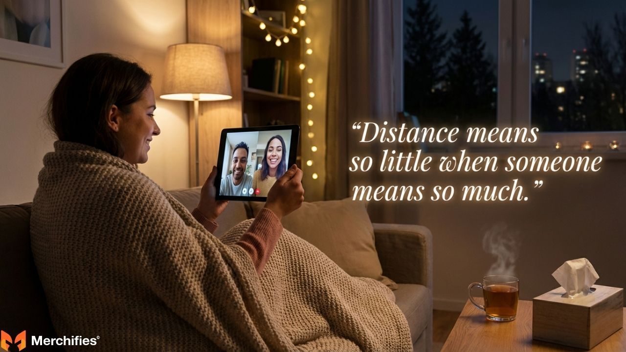 Couple video calling at night with long distance love quotes
