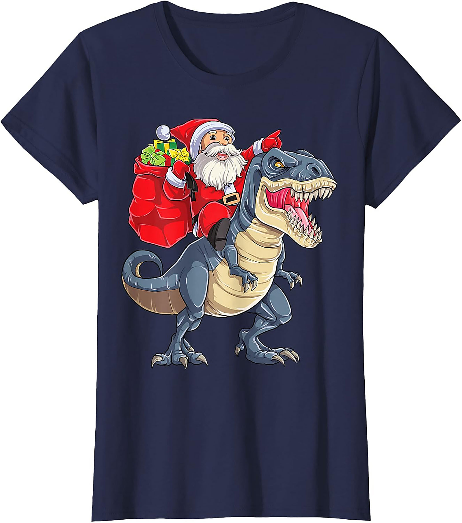  Funny Santa Riding Dinosaur T-Shirt T-Rex Christmas Tee