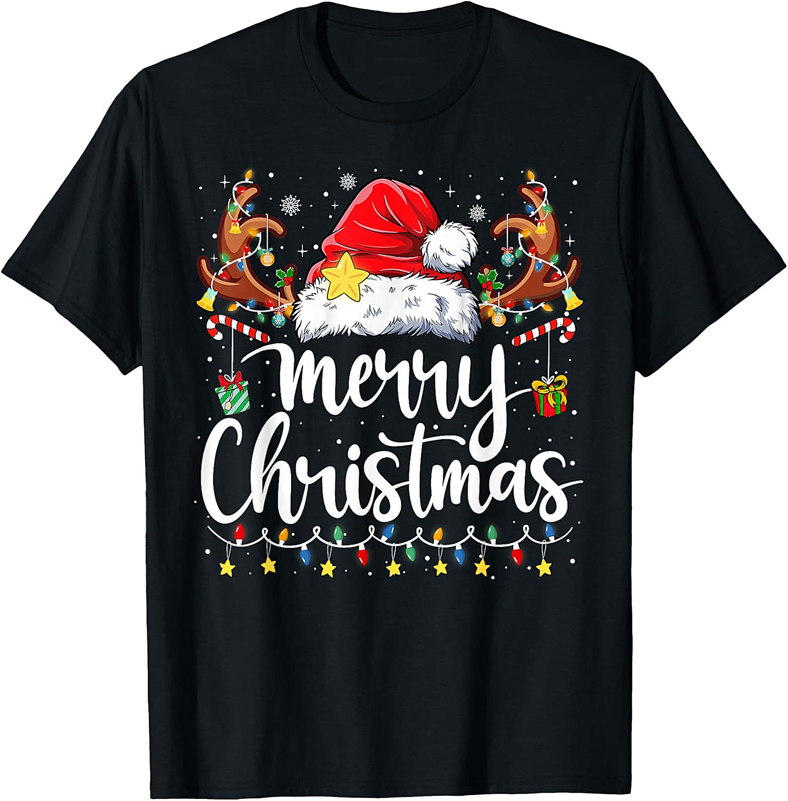 Festive Merry Christmas T-Shirt Santa Hat Graphic Tee