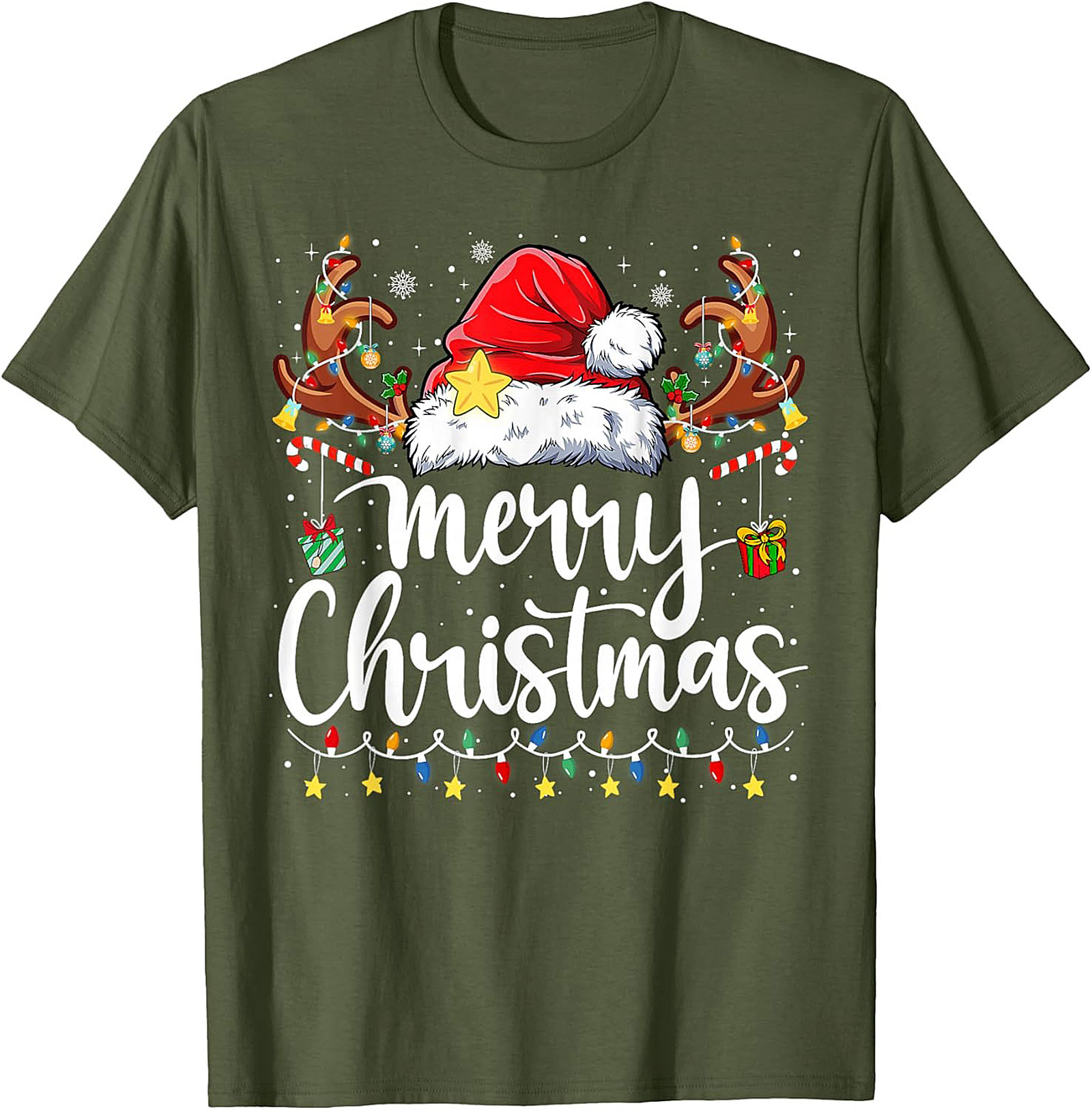 Festive Merry Christmas T-Shirt Santa Hat Graphic Tee