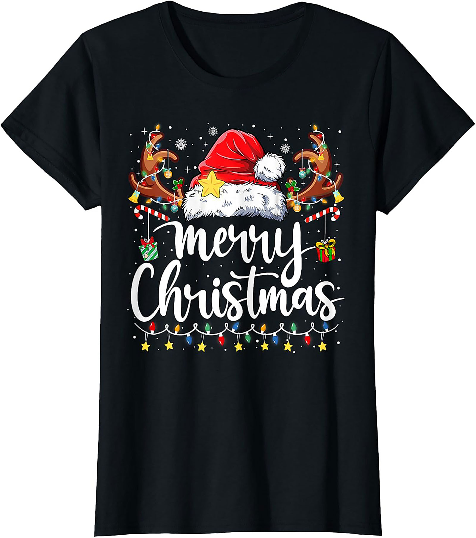 Festive Merry Christmas T-Shirt Santa Hat Graphic Tee