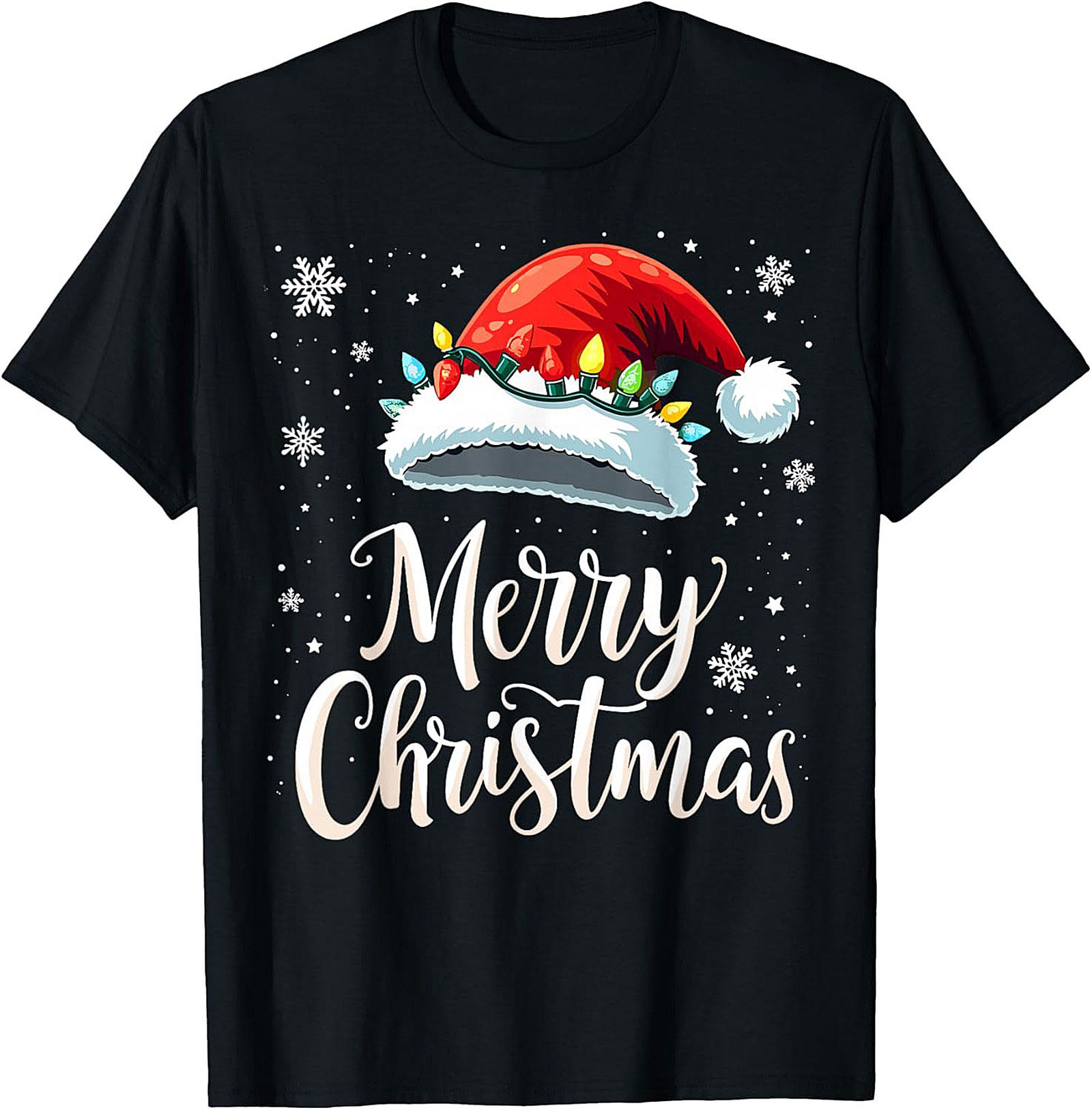 Christmas Lights Santa Hat Graphic Tee Festive Unisex Shirt