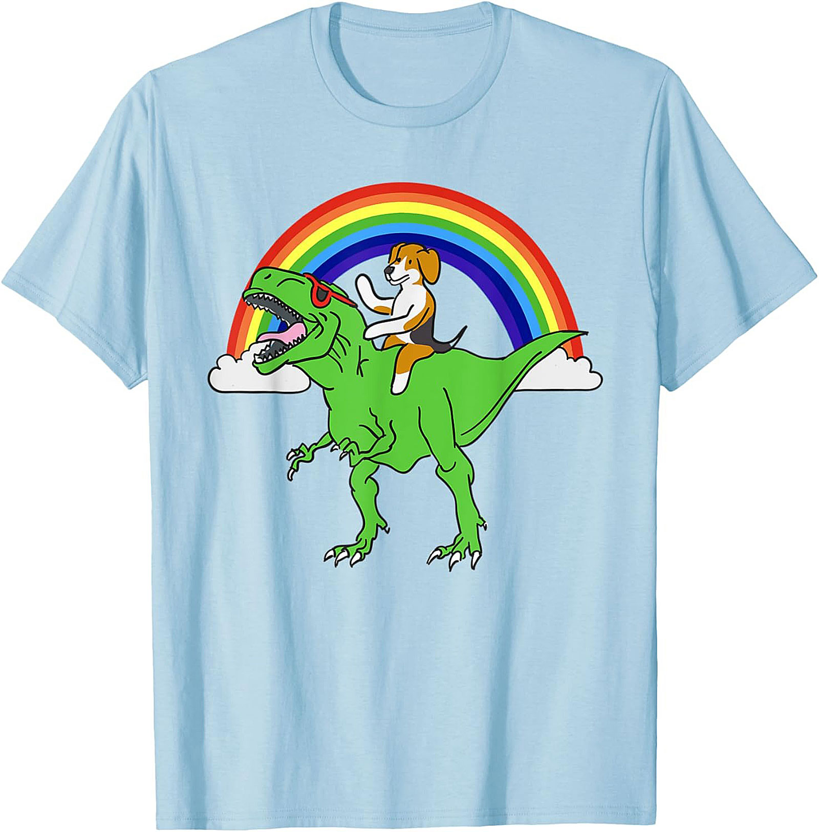 Beagle Riding T-Rex Rainbow Graphic Tee | Funny Dog Dinosaur Shirt