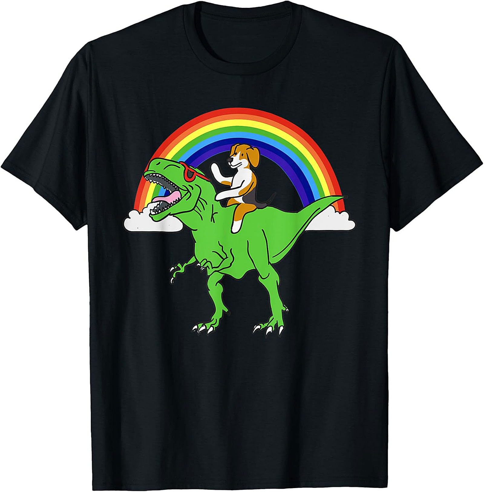 Beagle Riding T-Rex Rainbow Graphic Tee | Funny Dog Dinosaur Shirt