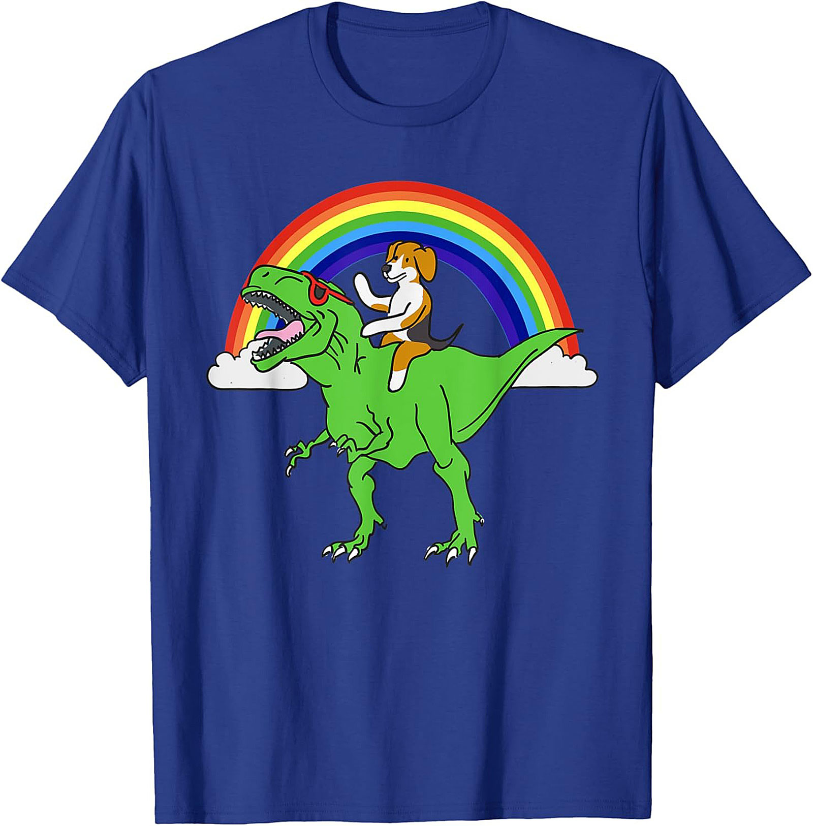 Beagle Riding T-Rex Rainbow Graphic Tee | Funny Dog Dinosaur Shirt