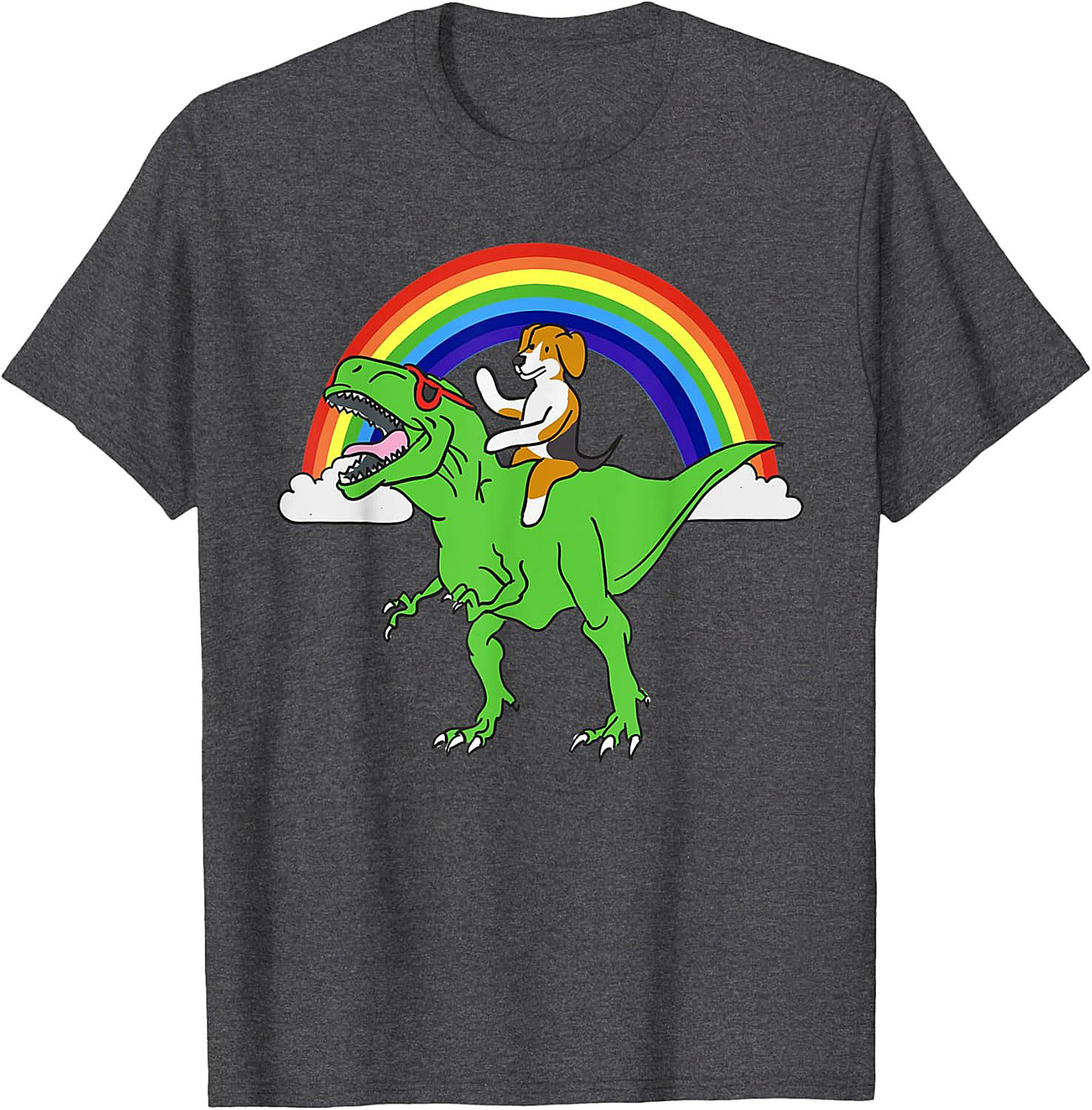 Beagle Riding T-Rex Rainbow Graphic Tee | Funny Dog Dinosaur Shirt