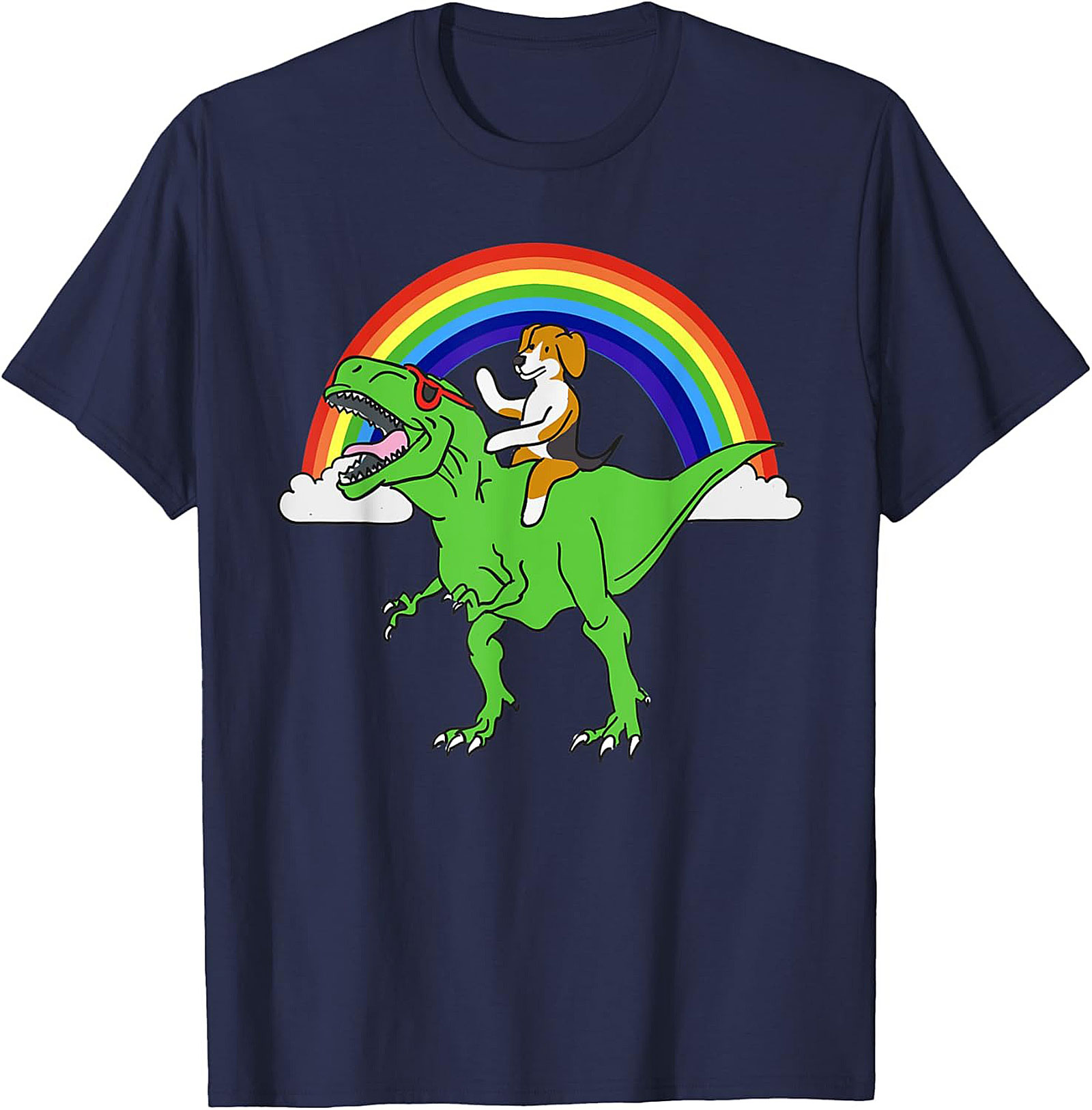 Beagle Riding T-Rex Rainbow Graphic Tee | Funny Dog Dinosaur Shirt