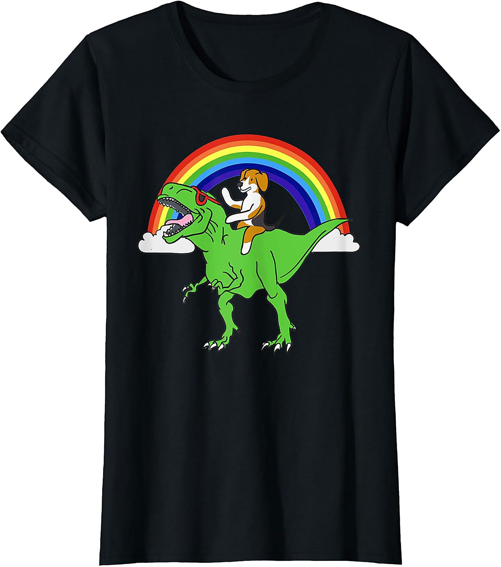 Beagle Riding T-Rex Rainbow Graphic Tee | Funny Dog Dinosaur Shirt