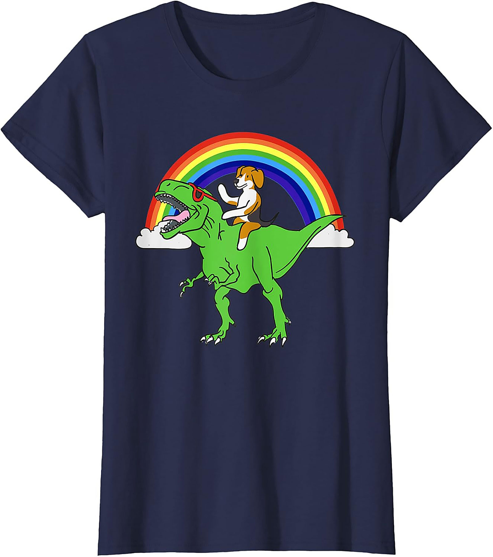 Beagle Riding T-Rex Rainbow Graphic Tee | Funny Dog Dinosaur Shirt