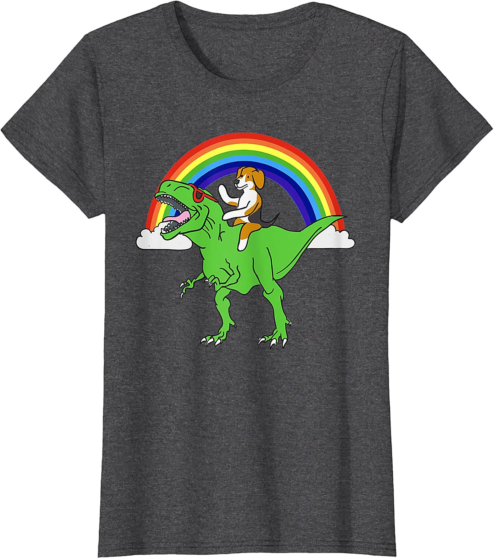 Beagle Riding T-Rex Rainbow Graphic Tee | Funny Dog Dinosaur Shirt