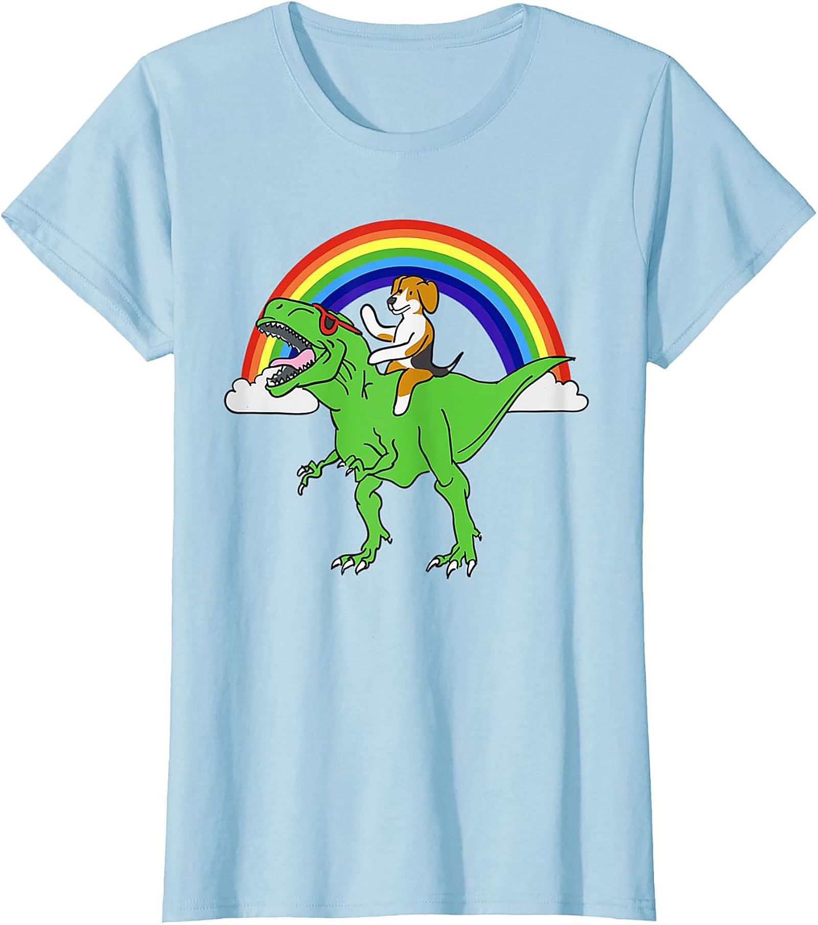 Beagle Riding T-Rex Rainbow Graphic Tee | Funny Dog Dinosaur Shirt