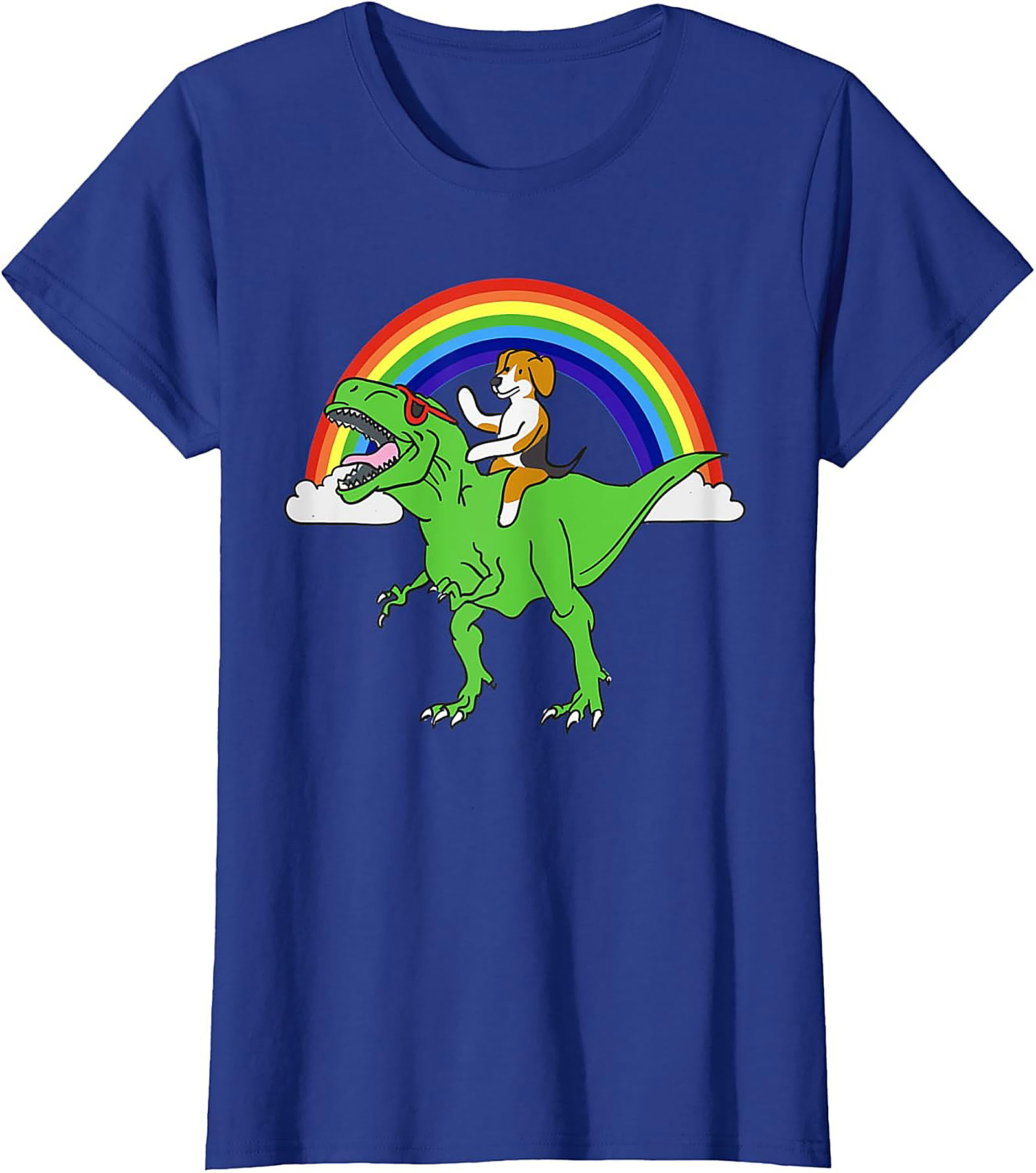 Beagle Riding T-Rex Rainbow Graphic Tee | Funny Dog Dinosaur Shirt