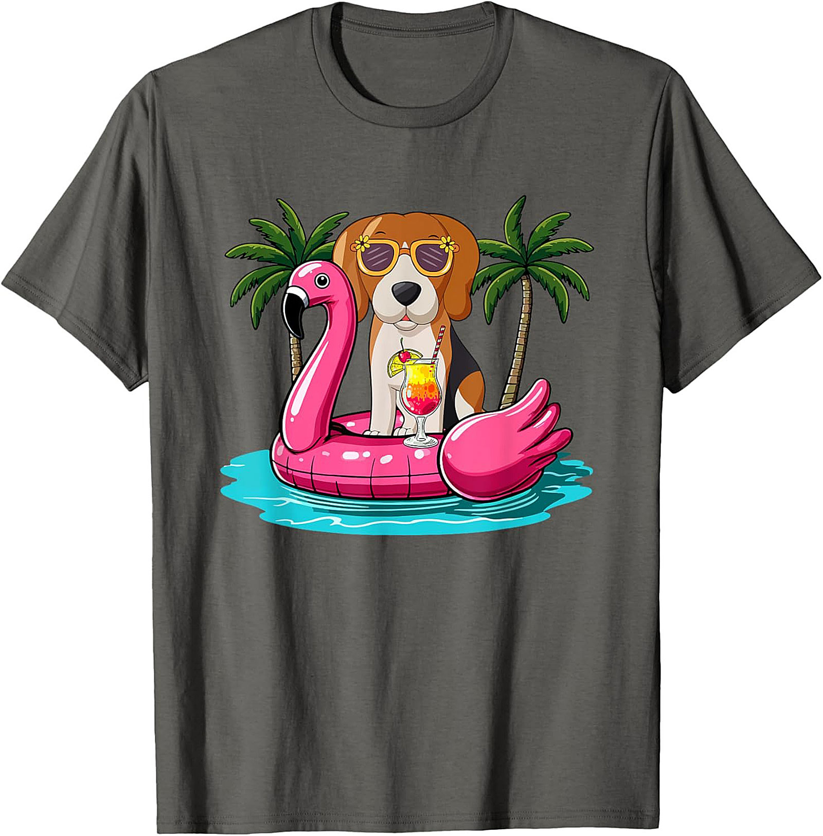 Beagle on Flamingo Float Funny Summer Vacation Graphic Tee