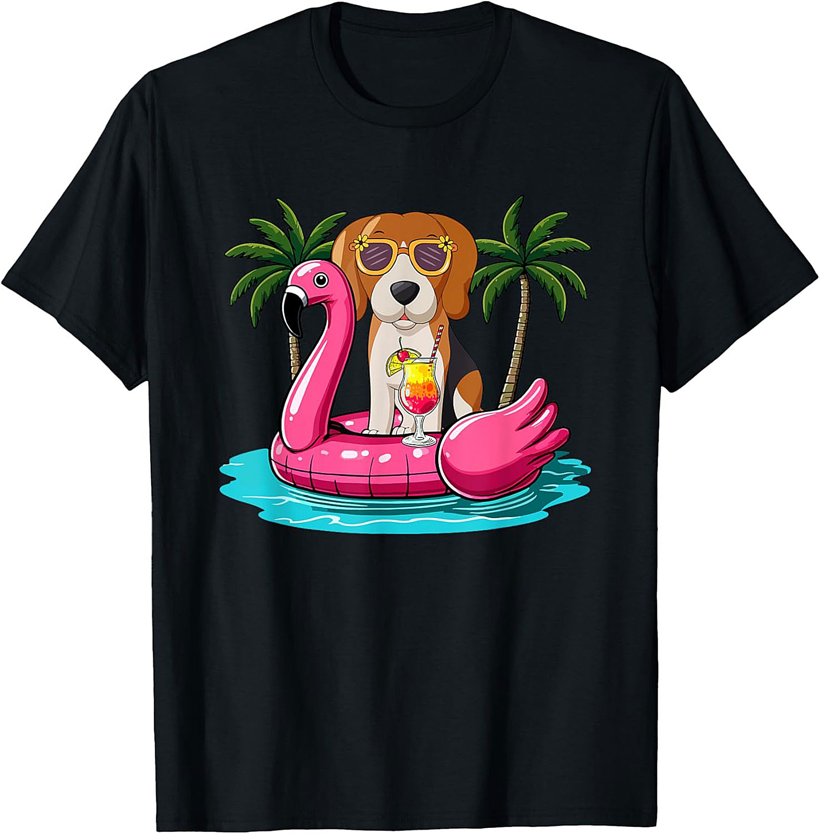 Beagle on Flamingo Float Funny Summer Vacation Graphic Tee