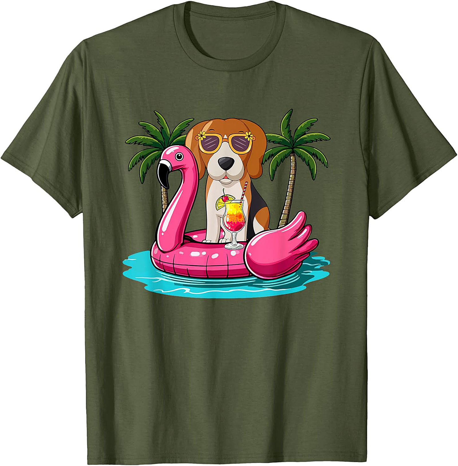 Beagle on Flamingo Float Funny Summer Vacation Graphic Tee