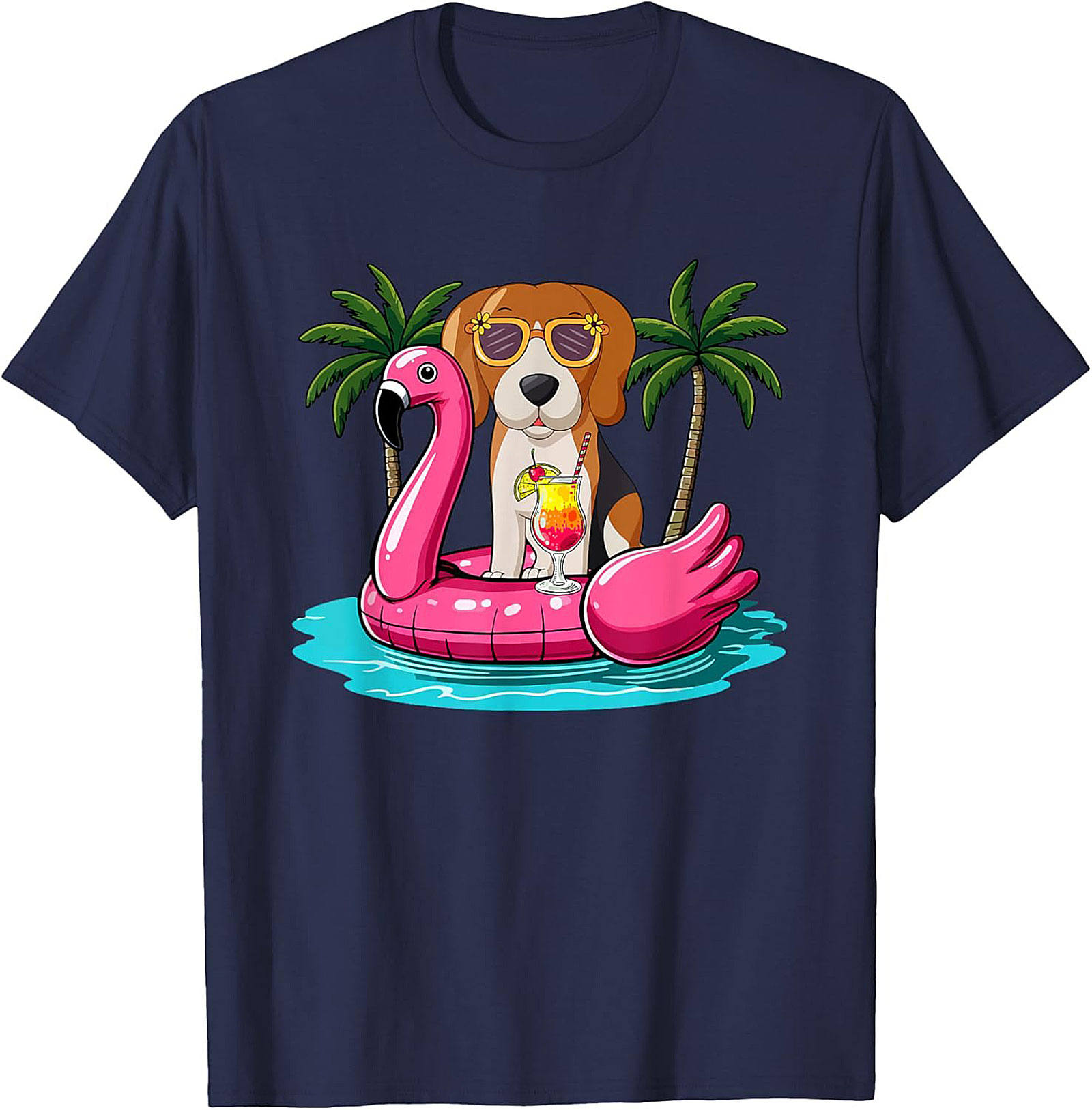 Beagle on Flamingo Float Funny Summer Vacation Graphic Tee