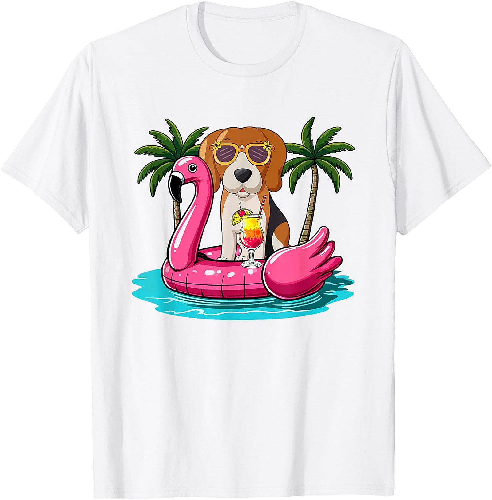 Beagle on Flamingo Float Funny Summer Vacation Graphic Tee