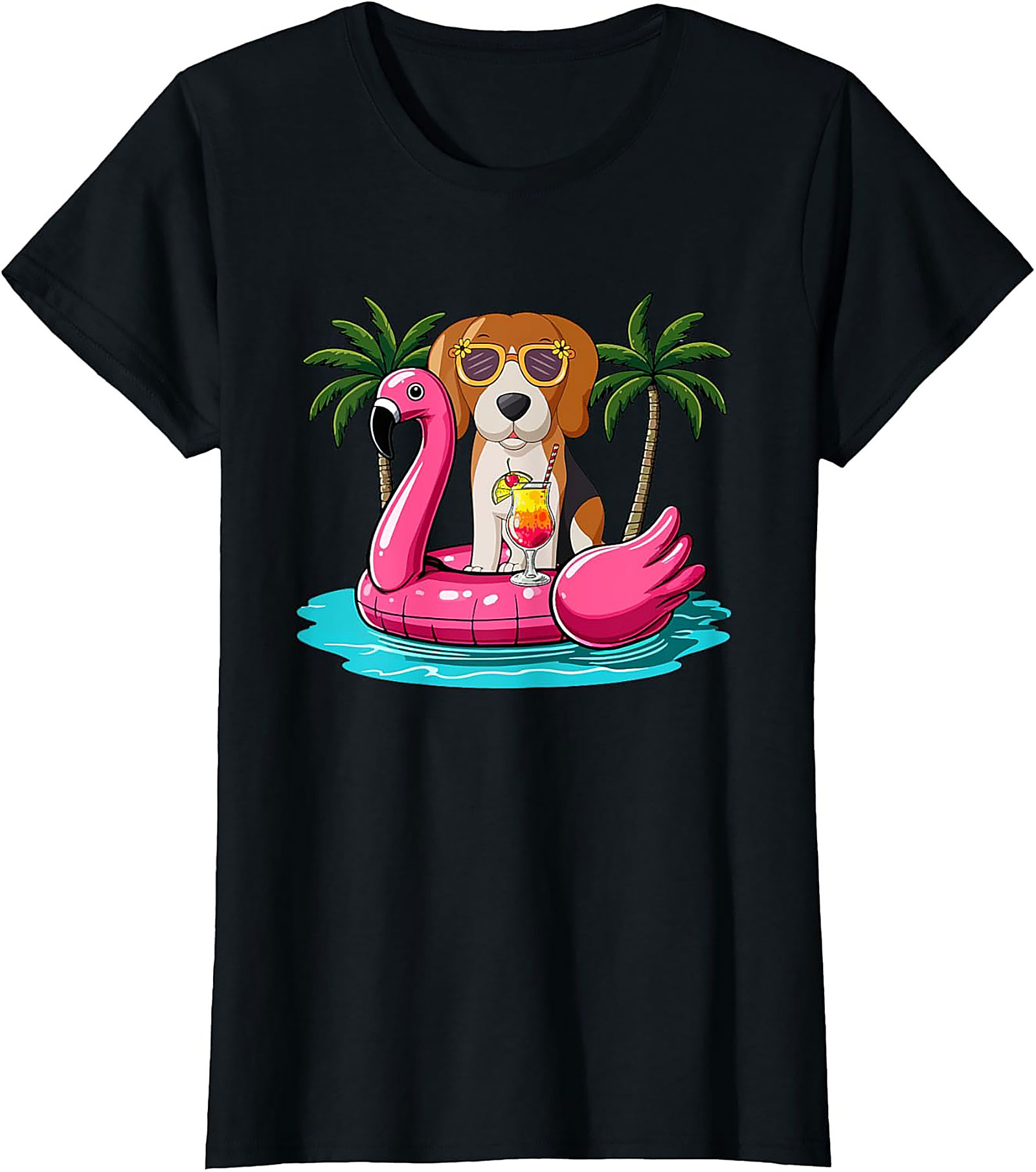 Beagle on Flamingo Float Funny Summer Vacation Graphic Tee
