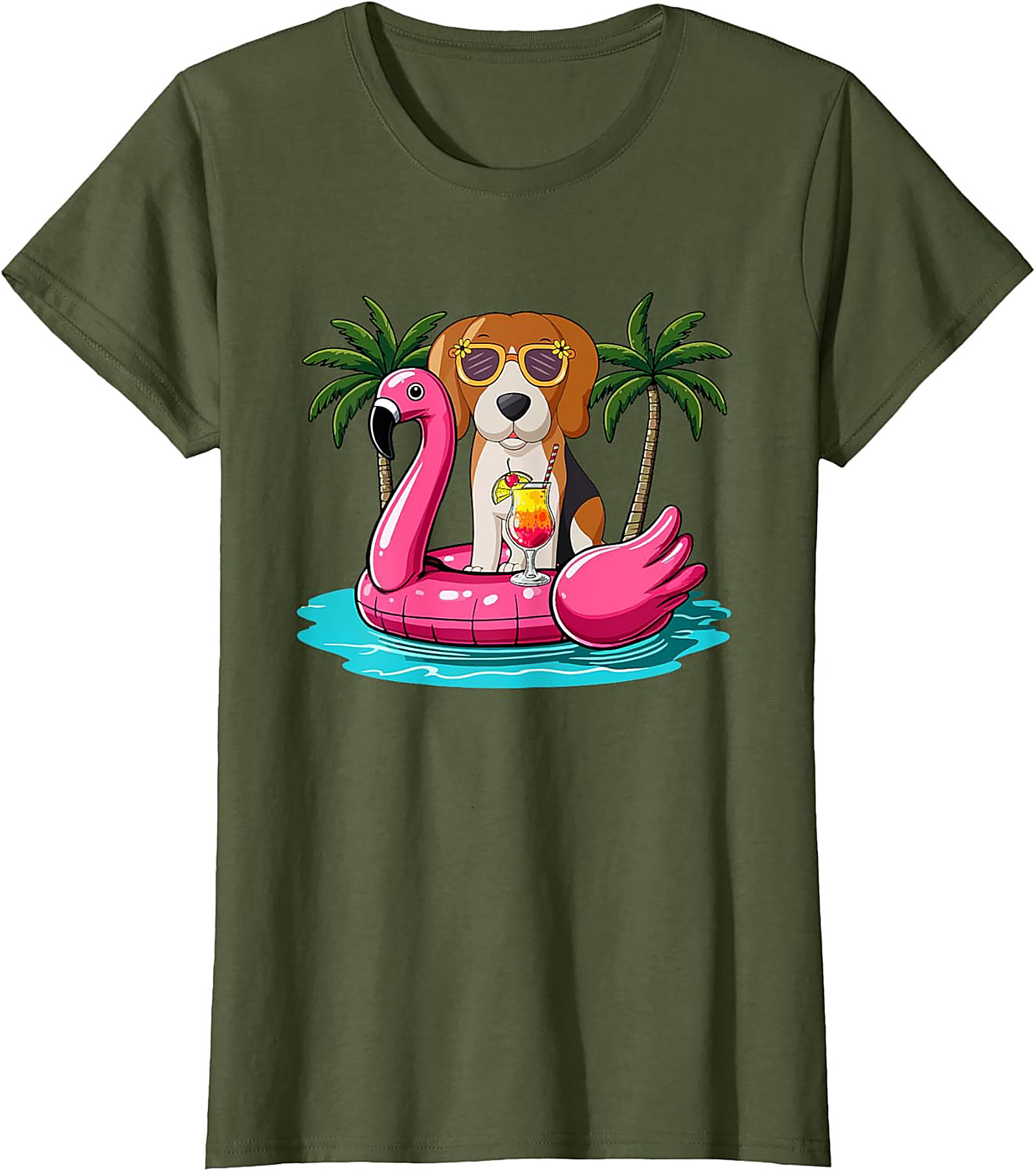 Beagle on Flamingo Float Funny Summer Vacation Graphic Tee