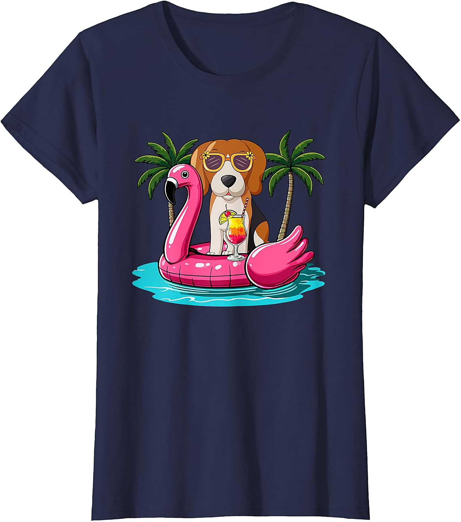 Beagle on Flamingo Float Funny Summer Vacation Graphic Tee