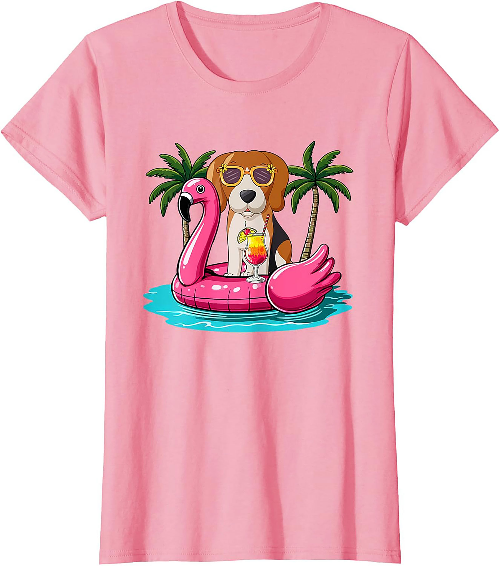 Beagle on Flamingo Float Funny Summer Vacation Graphic Tee