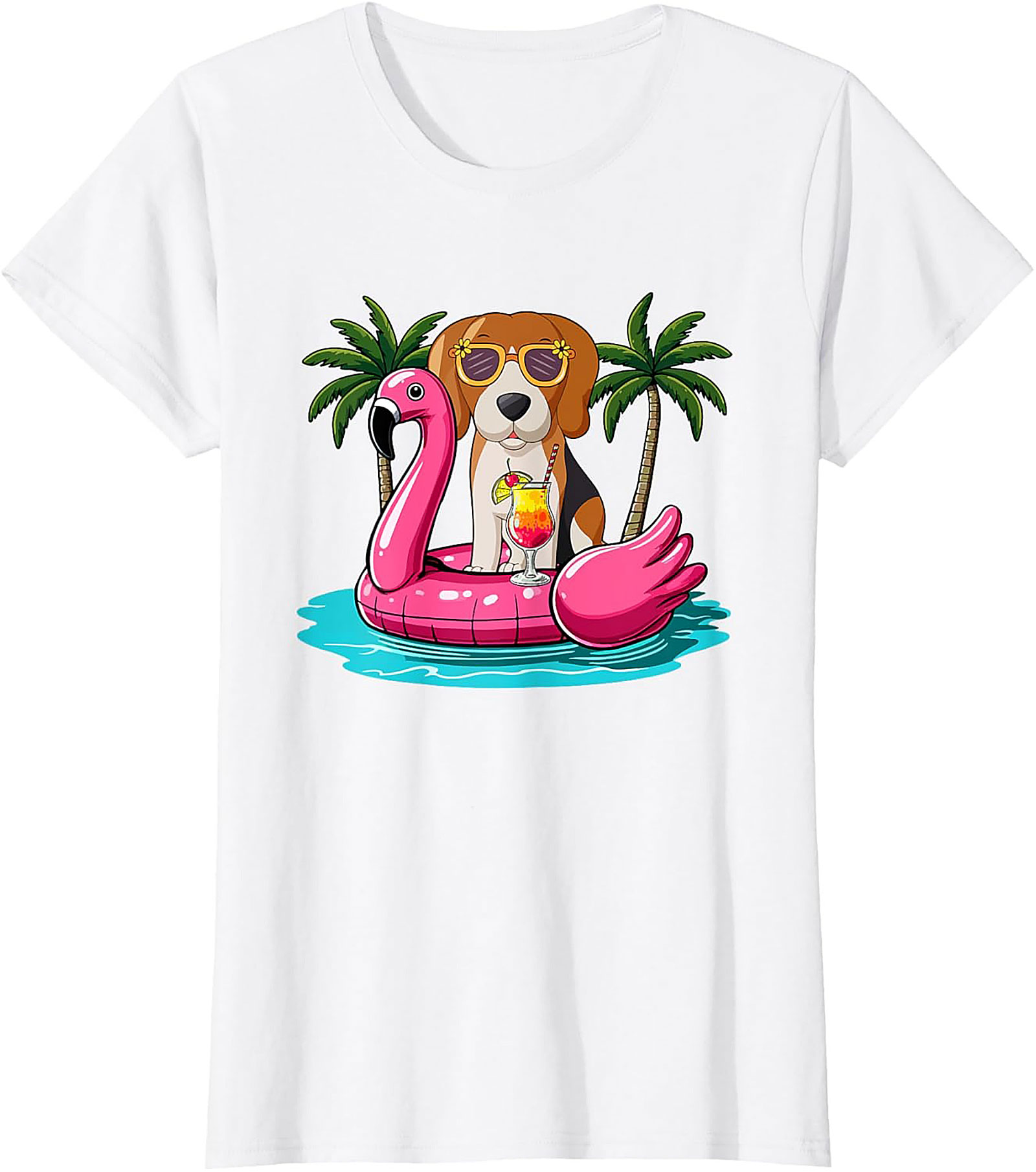 Beagle on Flamingo Float Funny Summer Vacation Graphic Tee