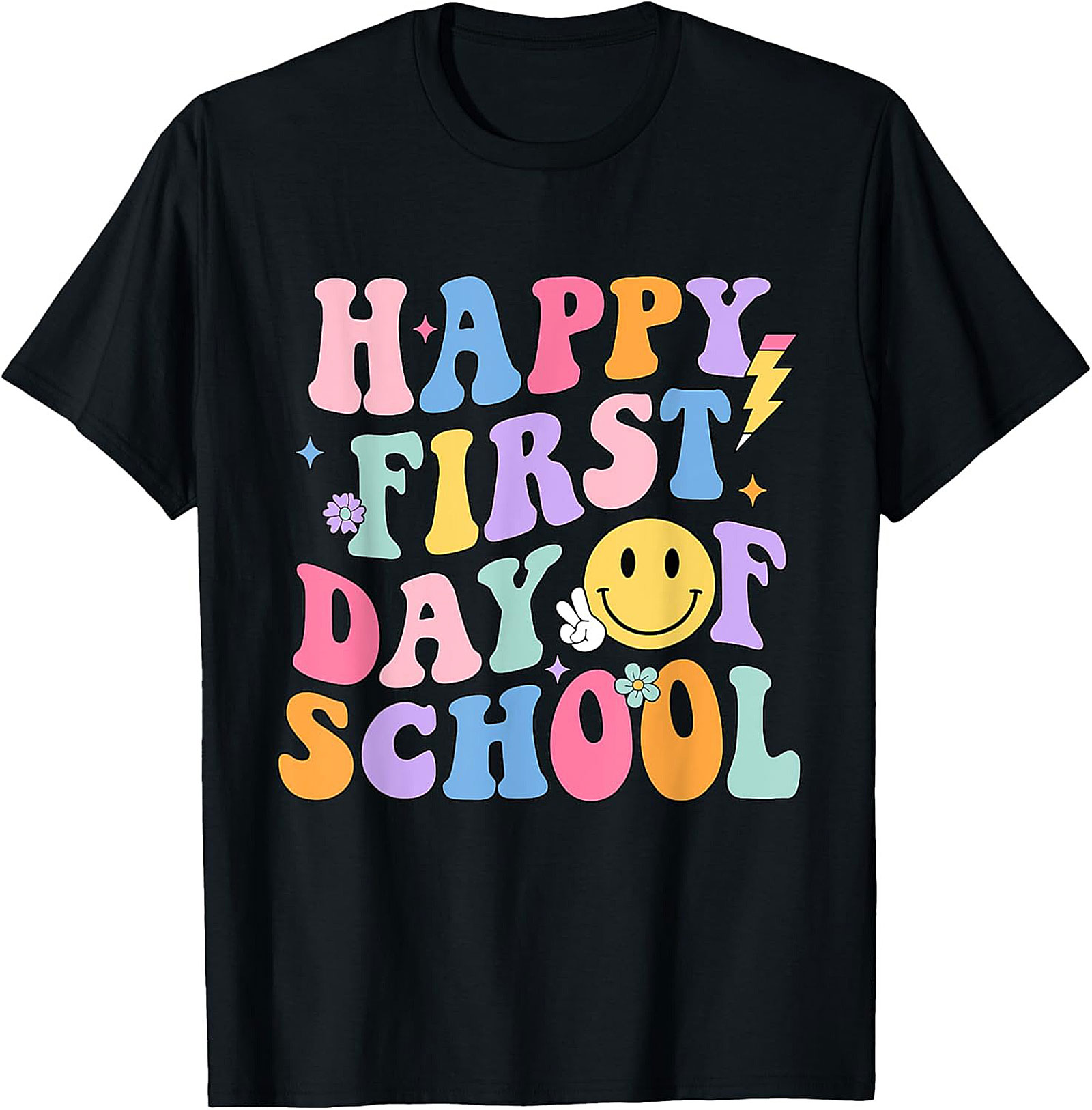 Happy First Day of School Groovy Teacher T-Shirt - Retro Rainbow Graphic Tee
