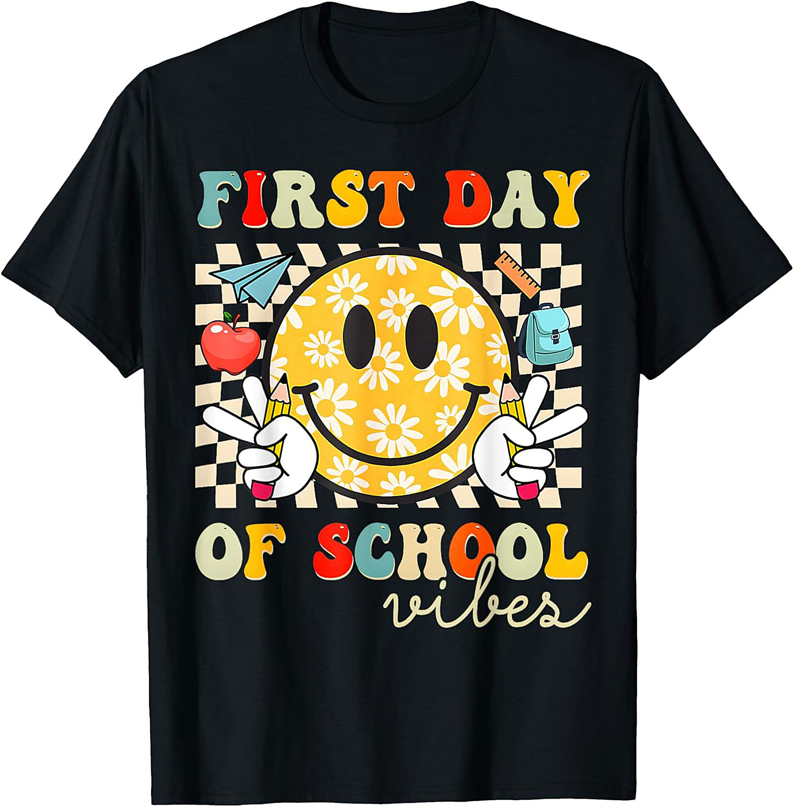 Retro First Day of School Vibes Graphic Tee | Groovy Smiley Face Unisex Shirt