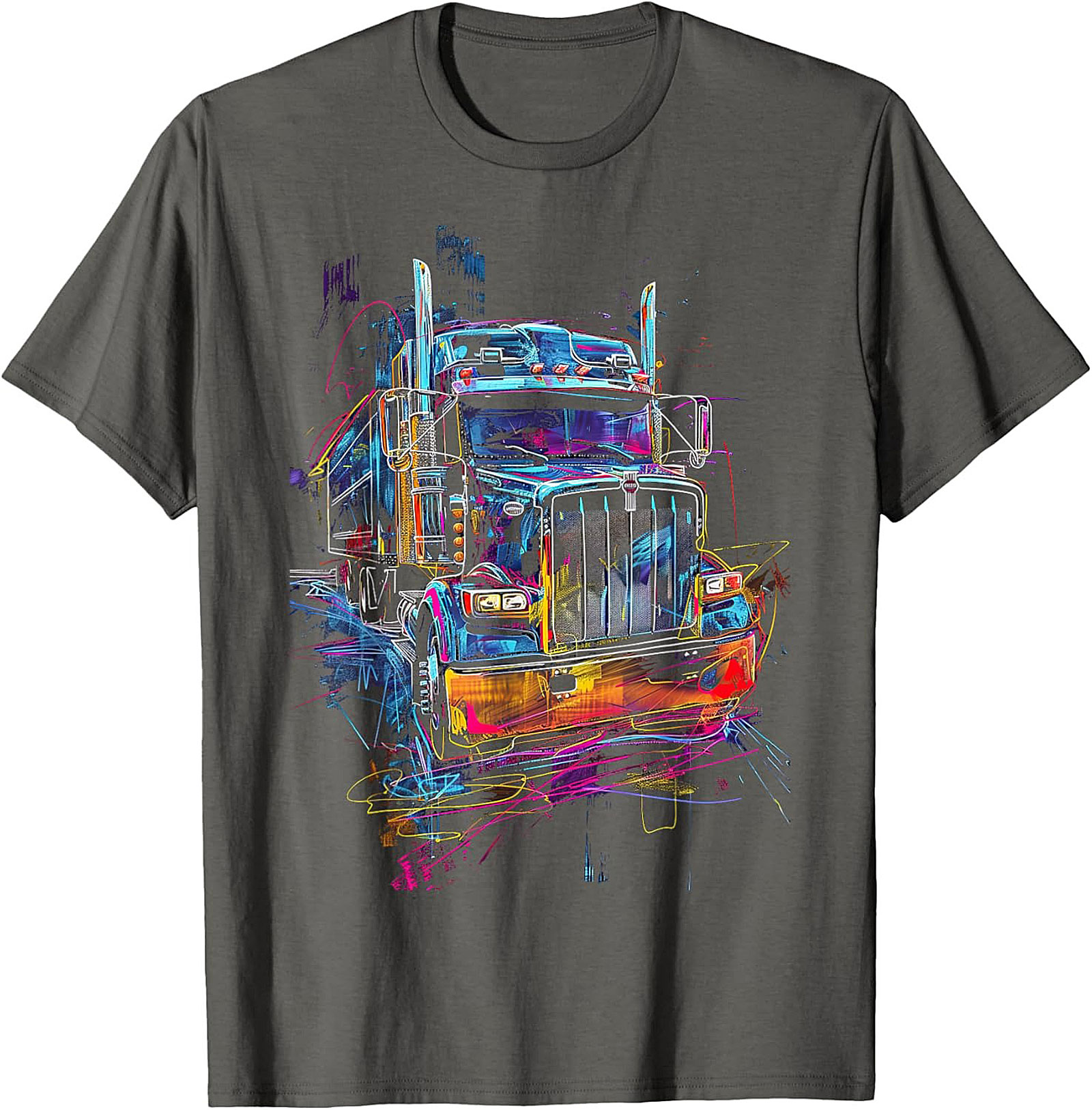 Neon Abstract Semi-Truck Graphic Tee | Vibrant Big Rig Trucker Shirt