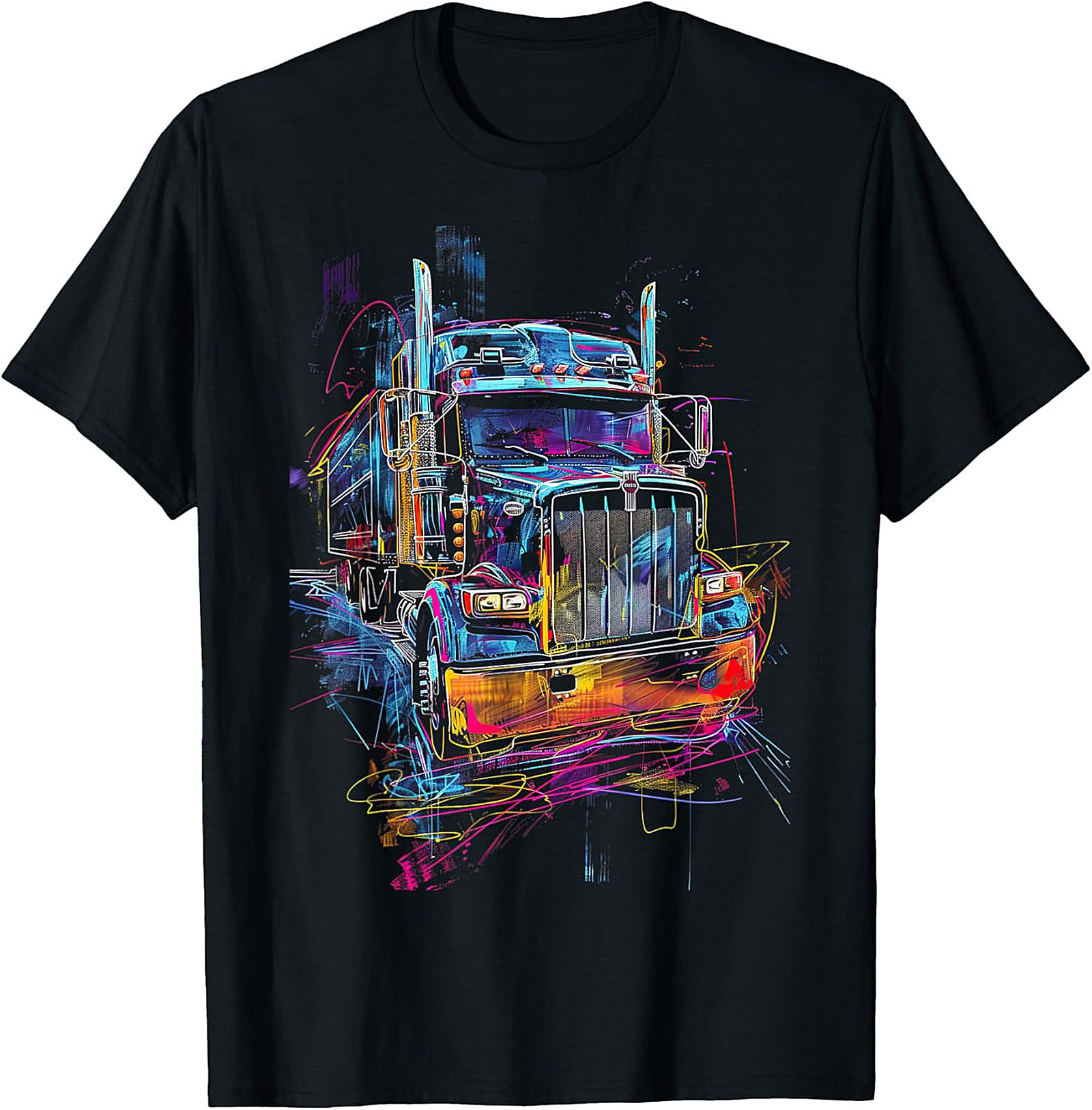 Neon Abstract Semi-Truck Graphic Tee | Vibrant Big Rig Trucker Shirt