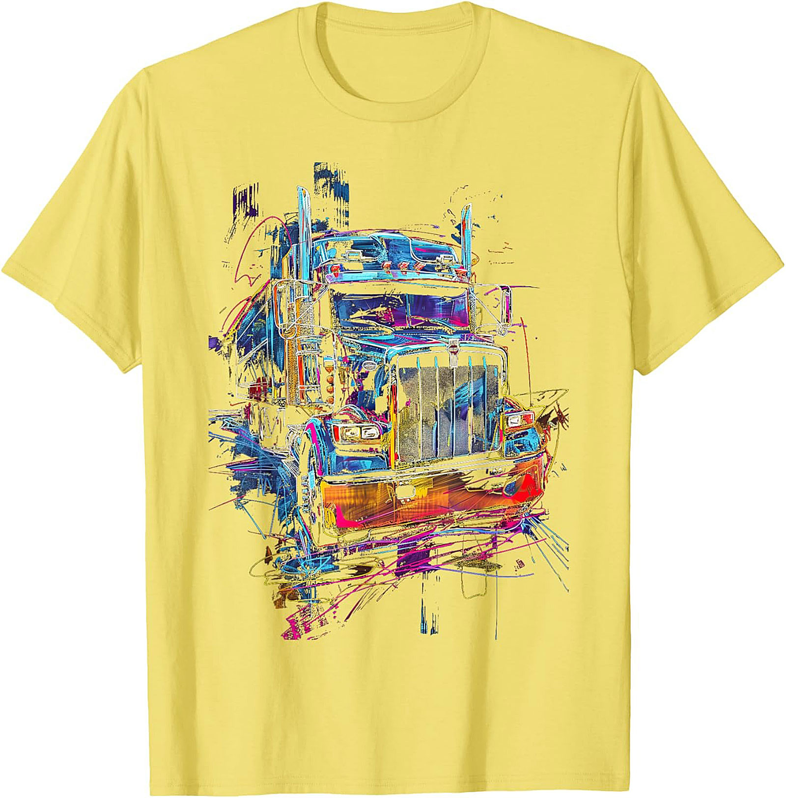 Neon Abstract Semi-Truck Graphic Tee | Vibrant Big Rig Trucker Shirt