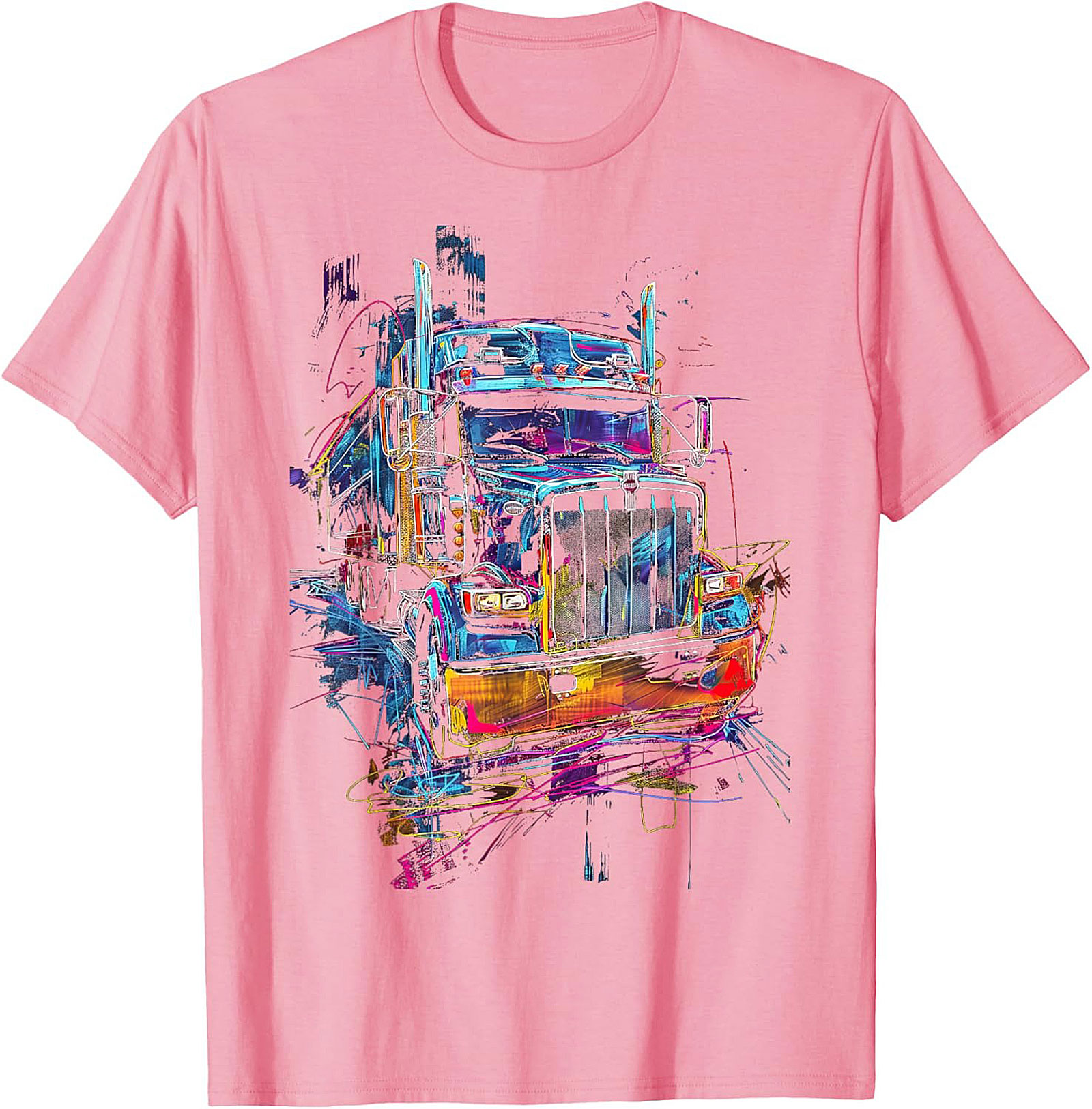 Neon Abstract Semi-Truck Graphic Tee | Vibrant Big Rig Trucker Shirt