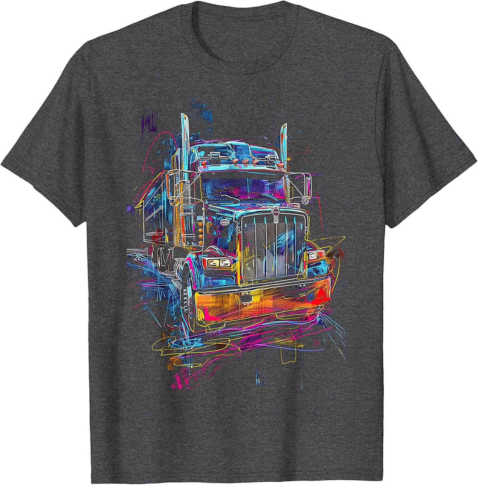 Neon Abstract Semi-Truck Graphic Tee | Vibrant Big Rig Trucker Shirt