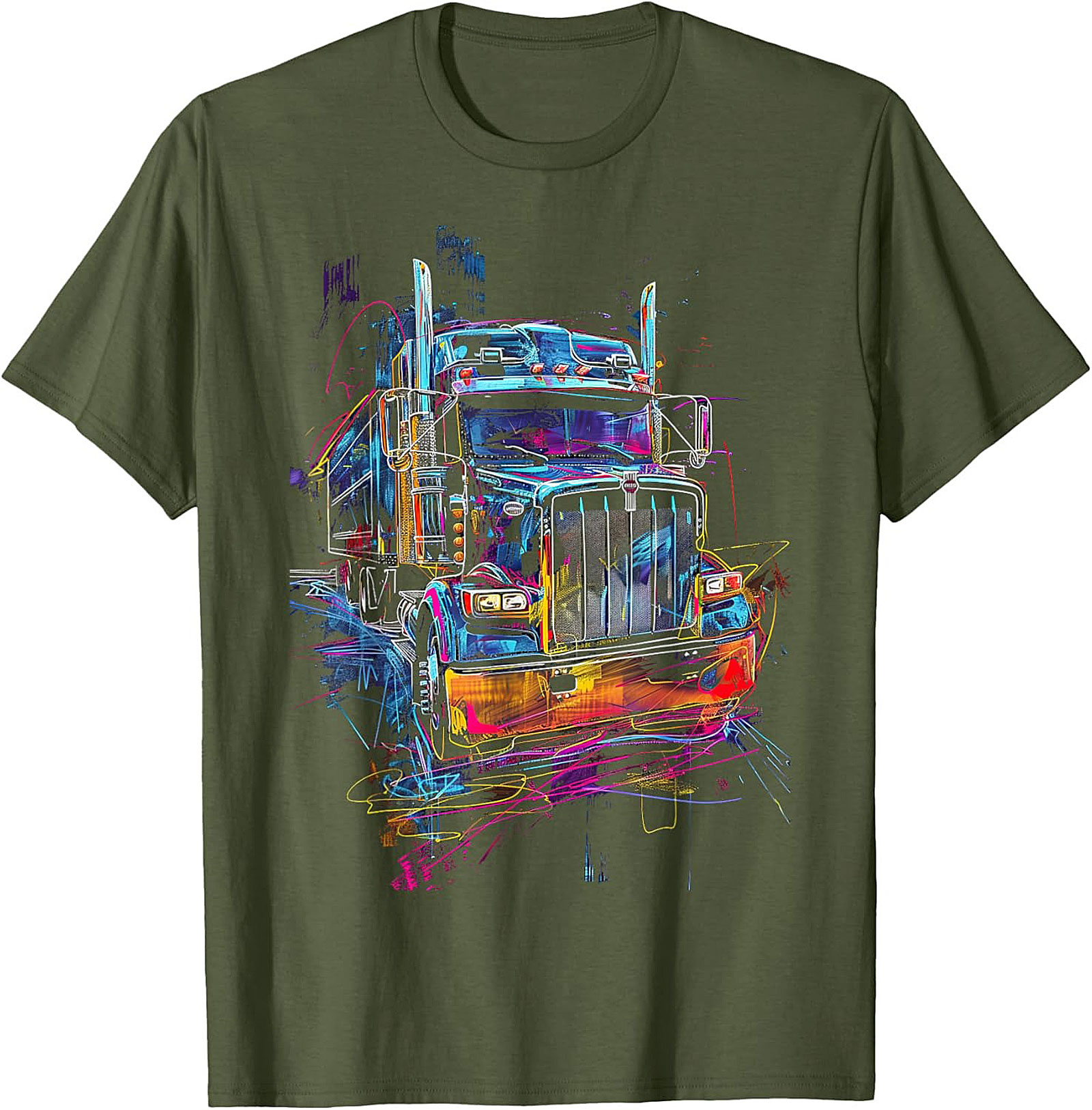 Neon Abstract Semi-Truck Graphic Tee | Vibrant Big Rig Trucker Shirt