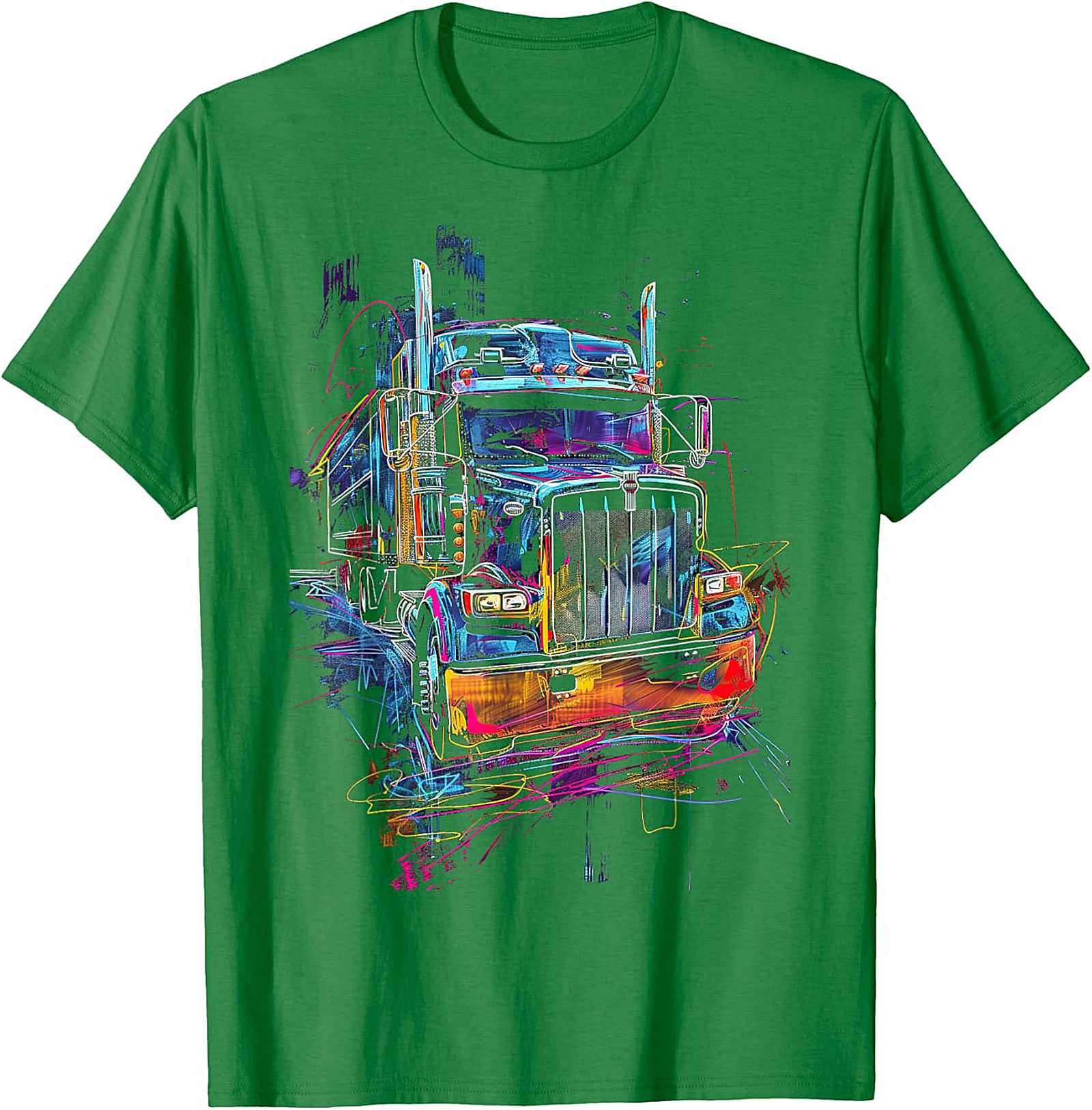 Neon Abstract Semi-Truck Graphic Tee | Vibrant Big Rig Trucker Shirt