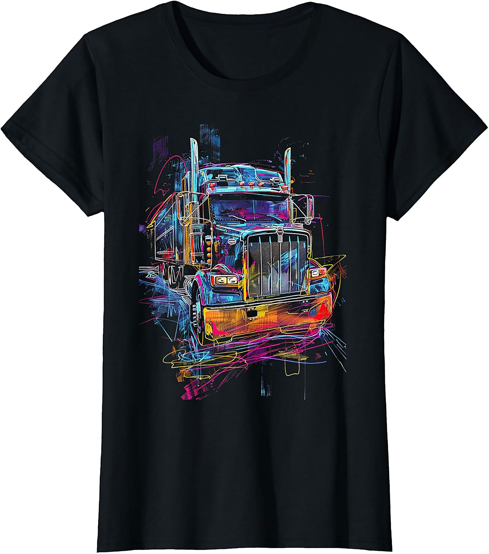 Neon Abstract Semi-Truck Graphic Tee | Vibrant Big Rig Trucker Shirt