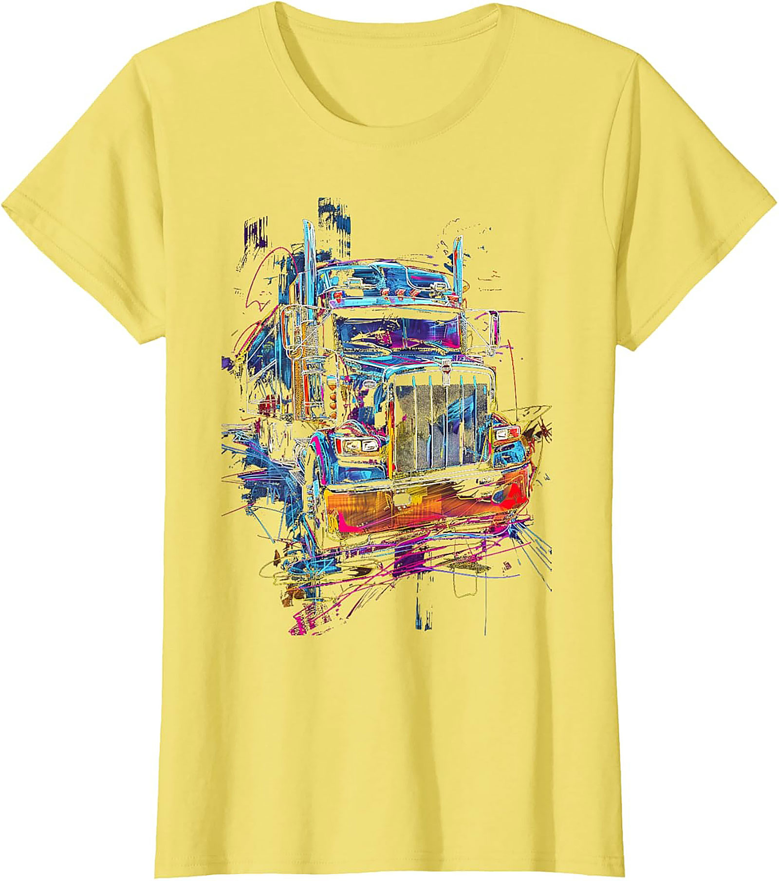 Neon Abstract Semi-Truck Graphic Tee | Vibrant Big Rig Trucker Shirt