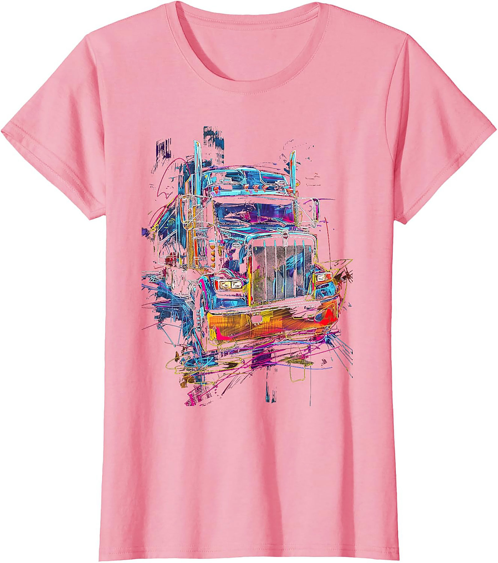 Neon Abstract Semi-Truck Graphic Tee | Vibrant Big Rig Trucker Shirt