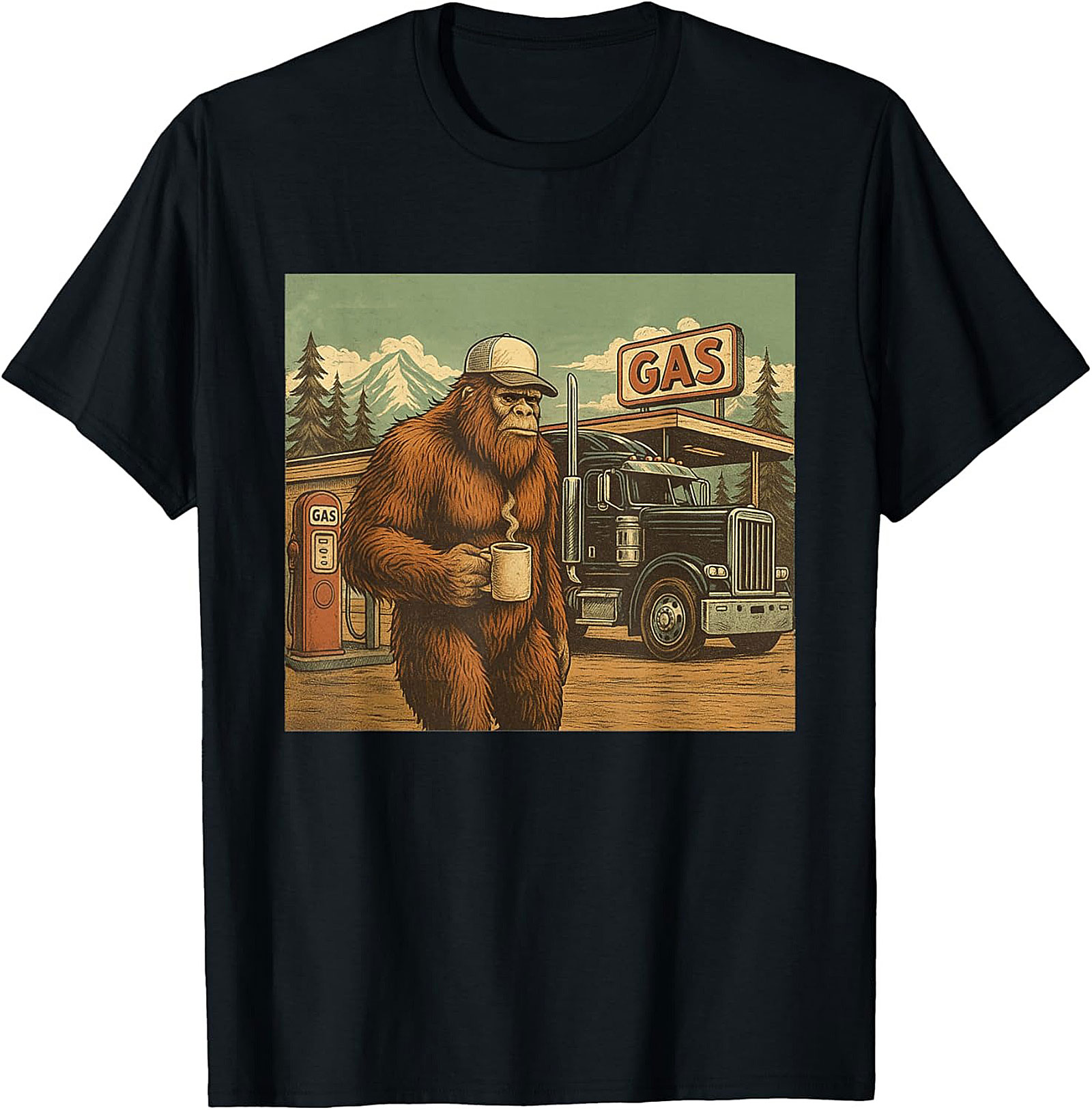 Bigfoot Trucker Graphic Tee | Sasquatch Coffee Vintage Truck Stop Shirt