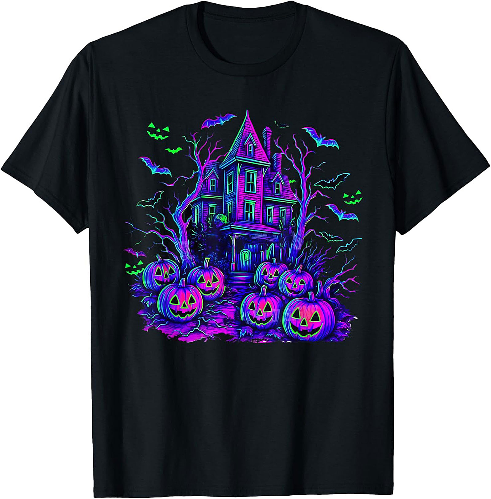 Neon Haunted House Graphic Tee | Spooky Retro Shirt