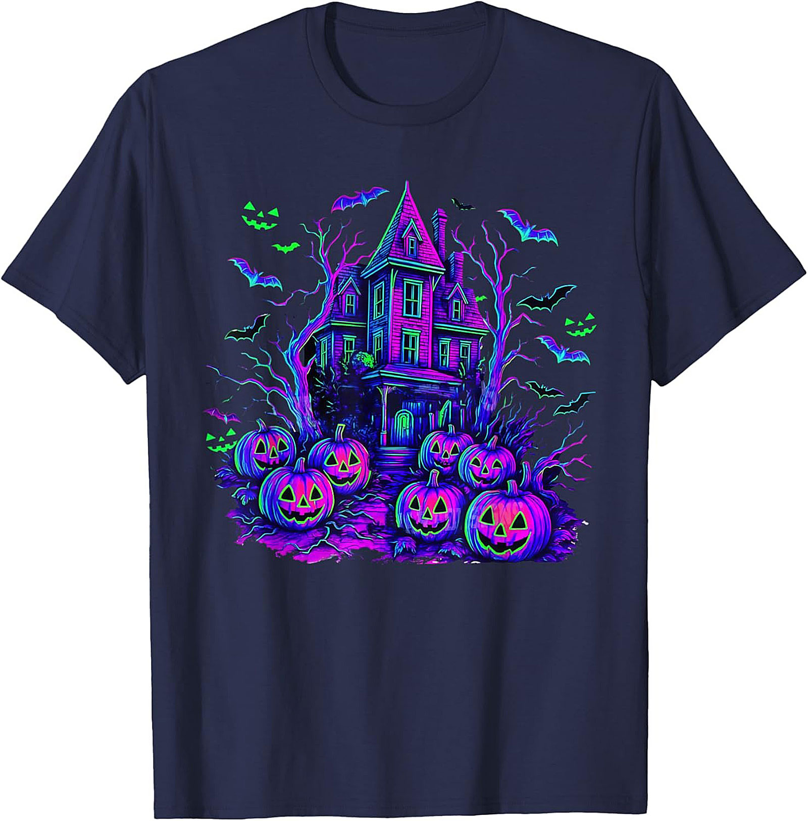 Neon Haunted House Graphic Tee | Spooky Retro Shirt