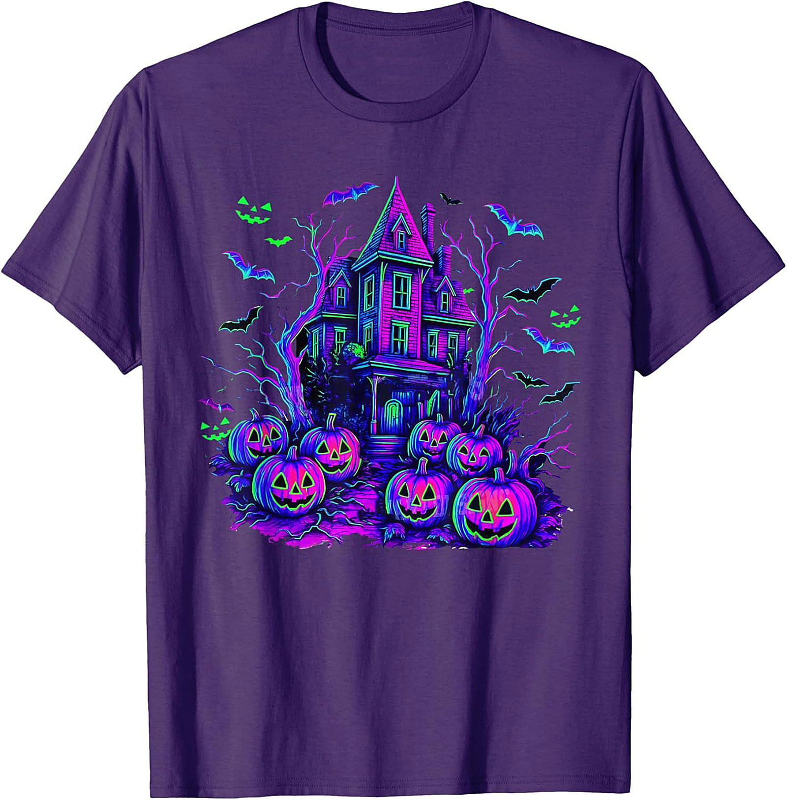 Neon Haunted House Graphic Tee | Spooky Retro Shirt