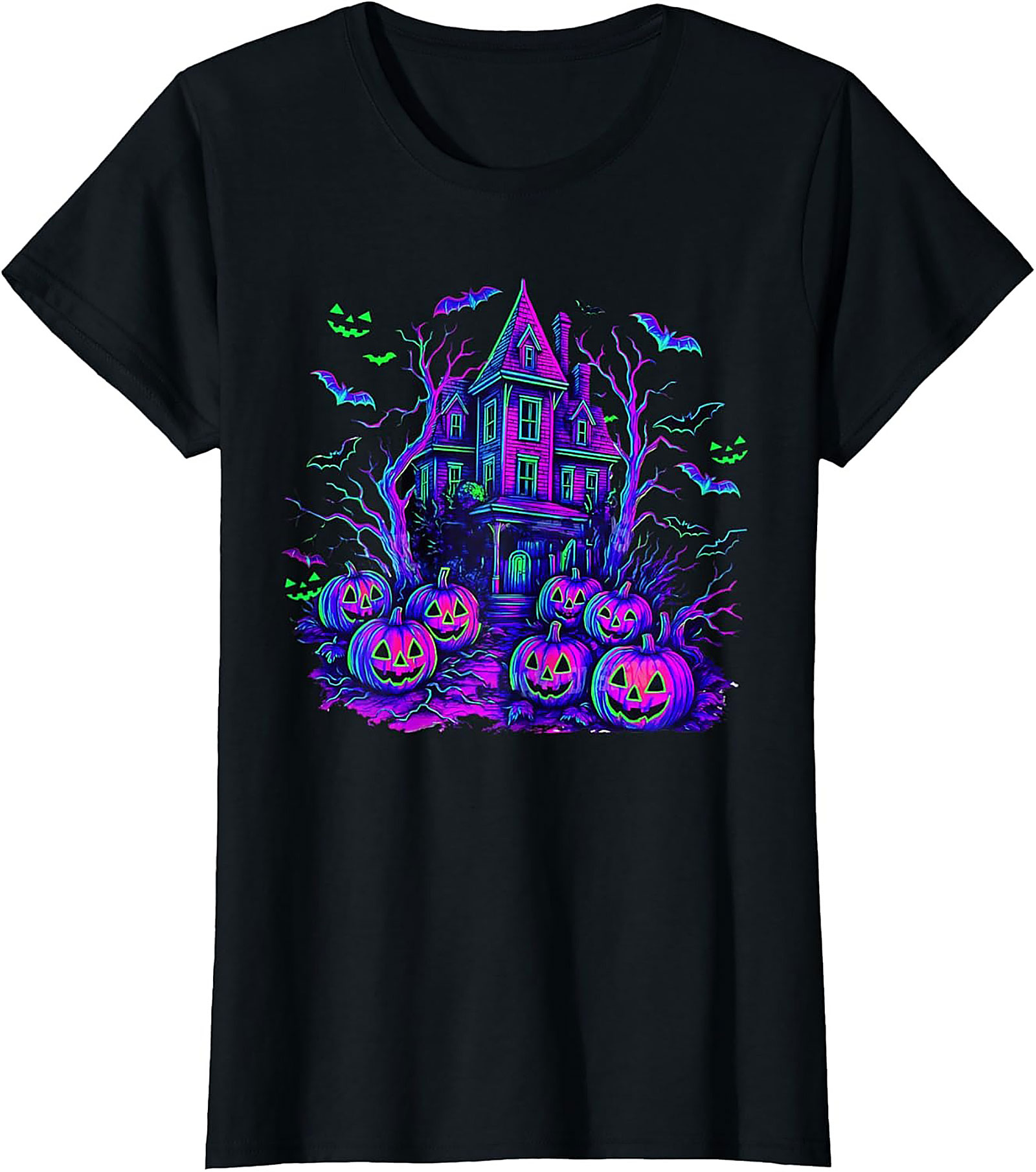 Neon Haunted House Graphic Tee | Spooky Retro Shirt