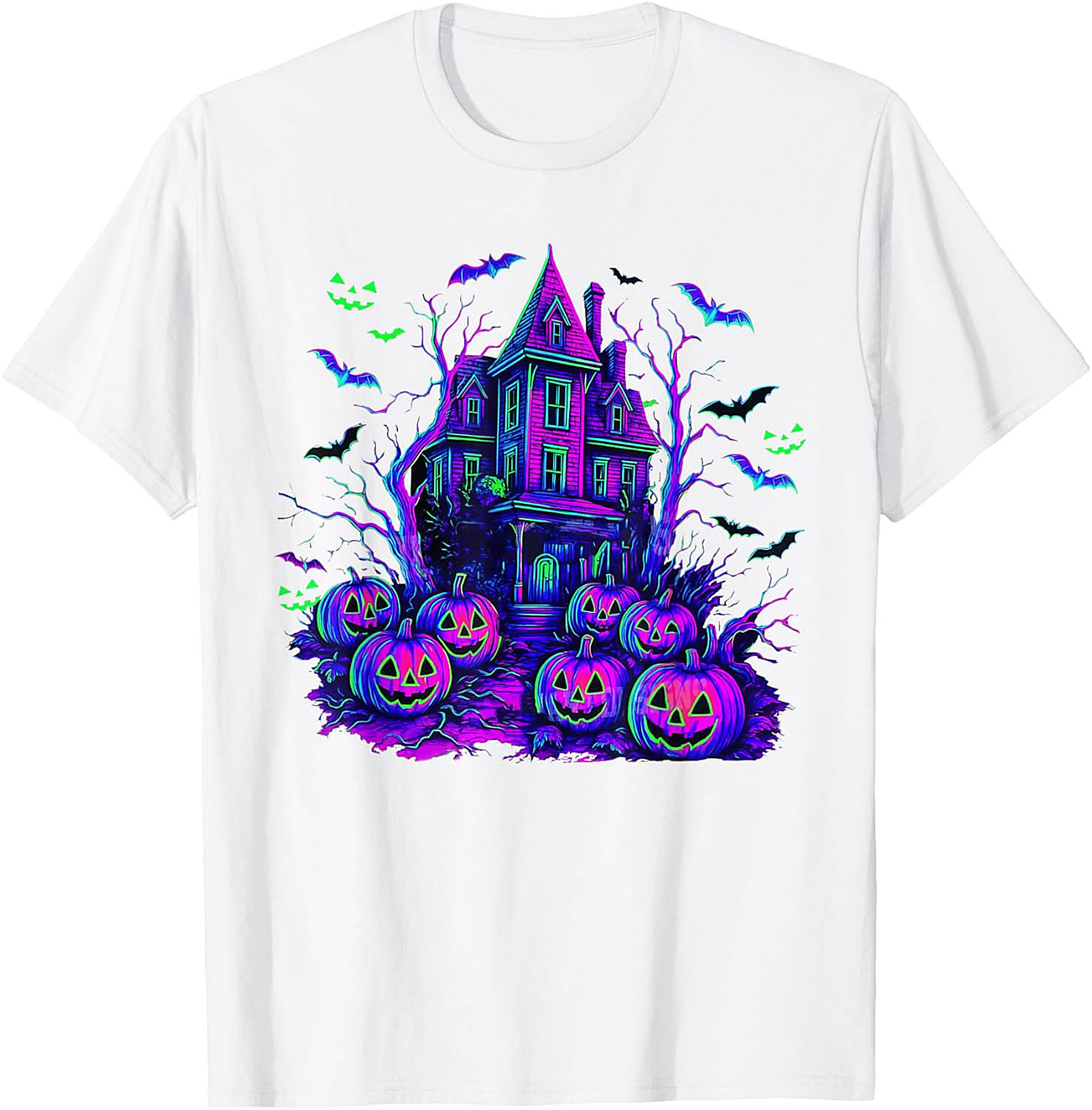 Neon Haunted House Graphic Tee | Spooky Retro Shirt